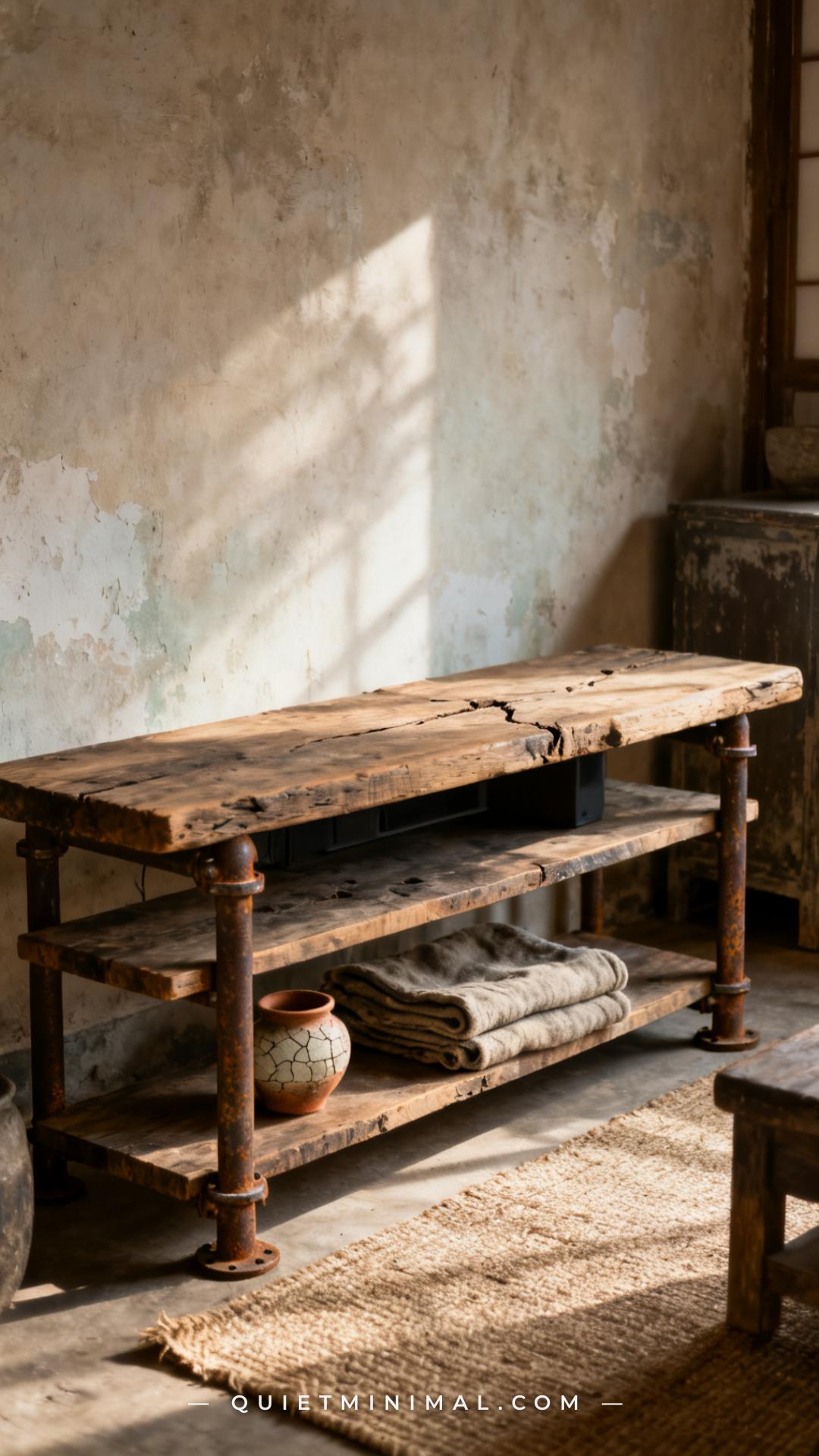 A wide-angle view of a wabi-sabi cottage living room corner featuring a low-profile aged media console with three thick