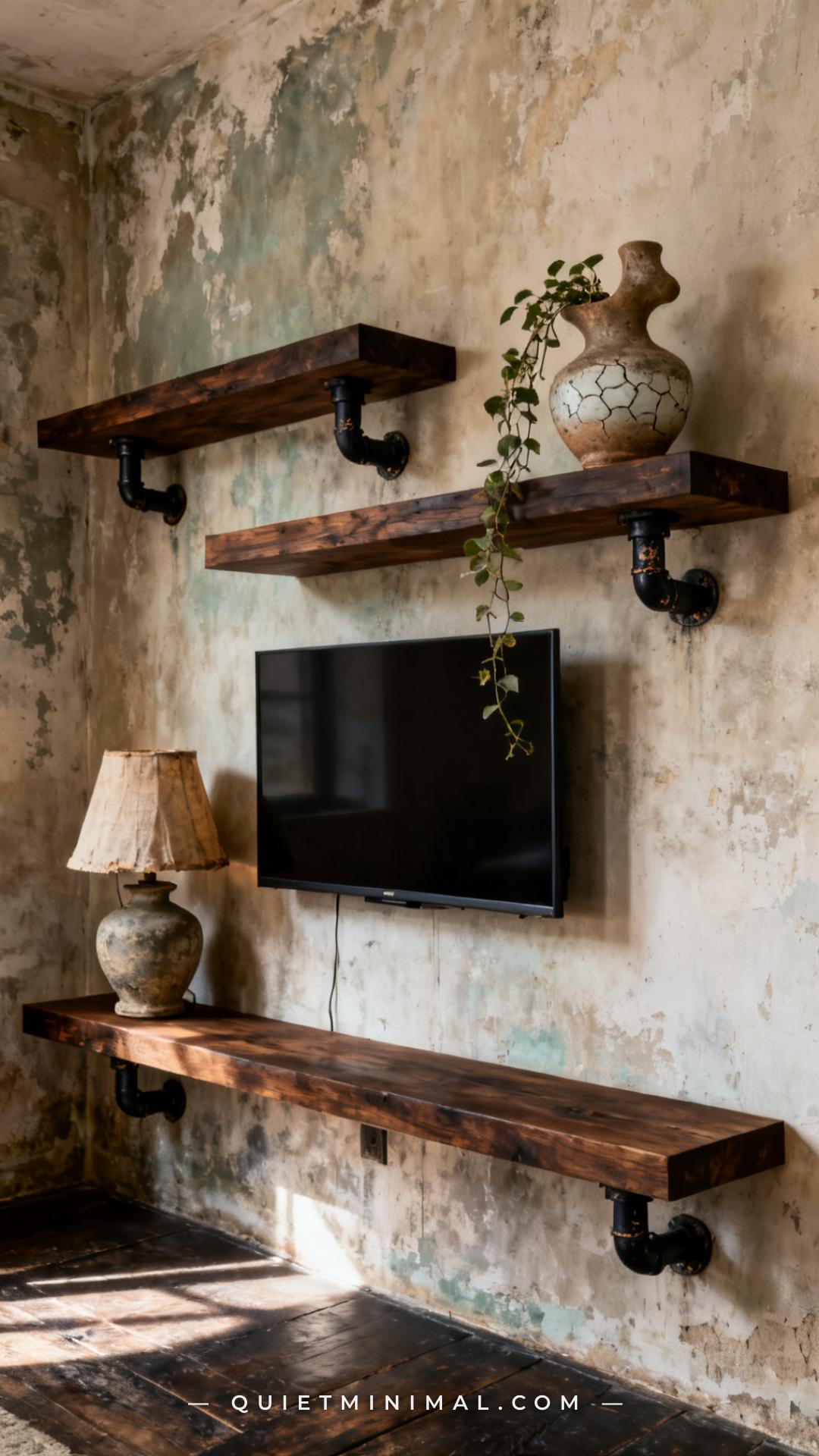 A medium-wide establishing shot of a wabi-sabi cottage accent wall where three thick dark-aged walnut floating shelves a