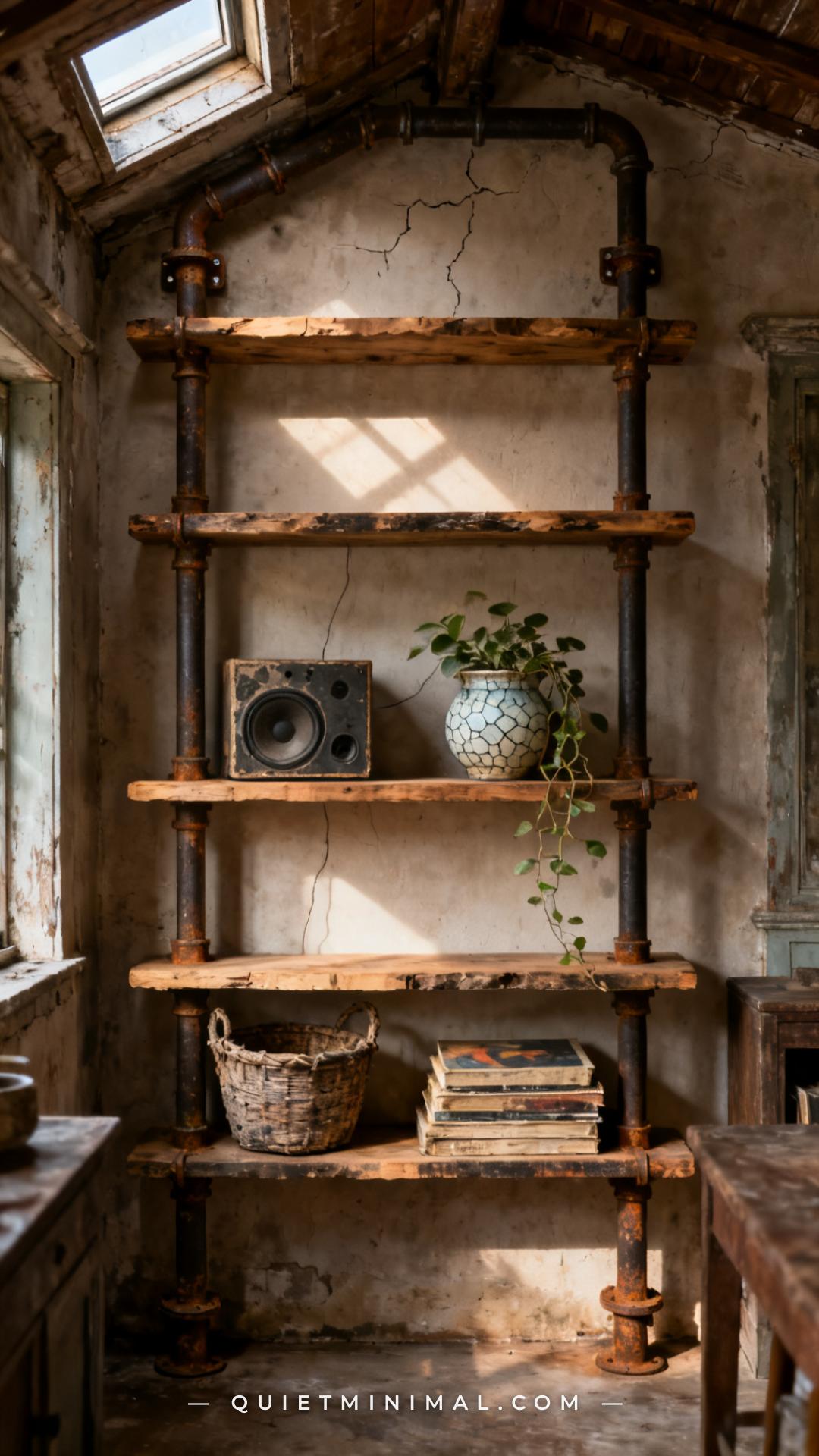 A wide establishing shot of a wabi-sabi cottage wall fitted with a floor-to-ceiling oxidized iron pipe shelf system — da
