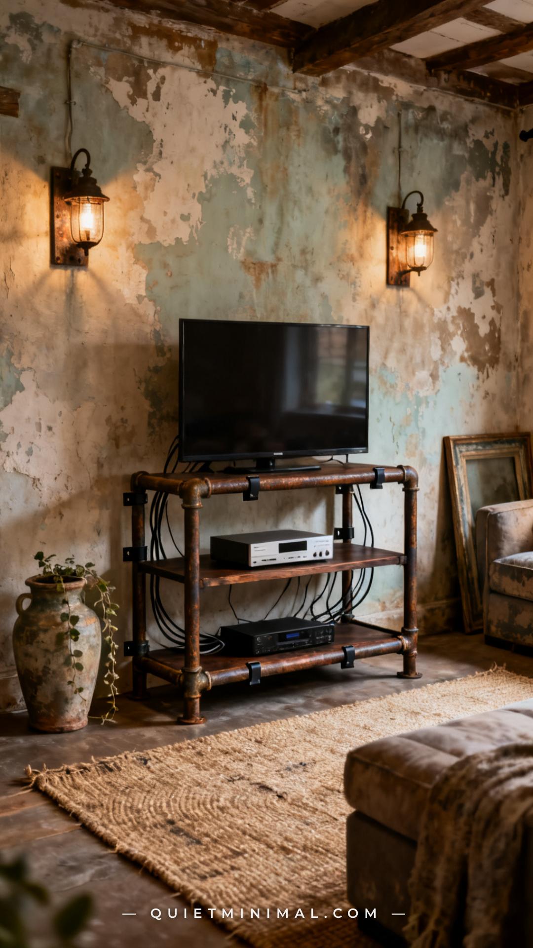A medium-wide view of an aged cottage living room where a dark-wood oxidized iron-pipe TV console sits neatly arranged —