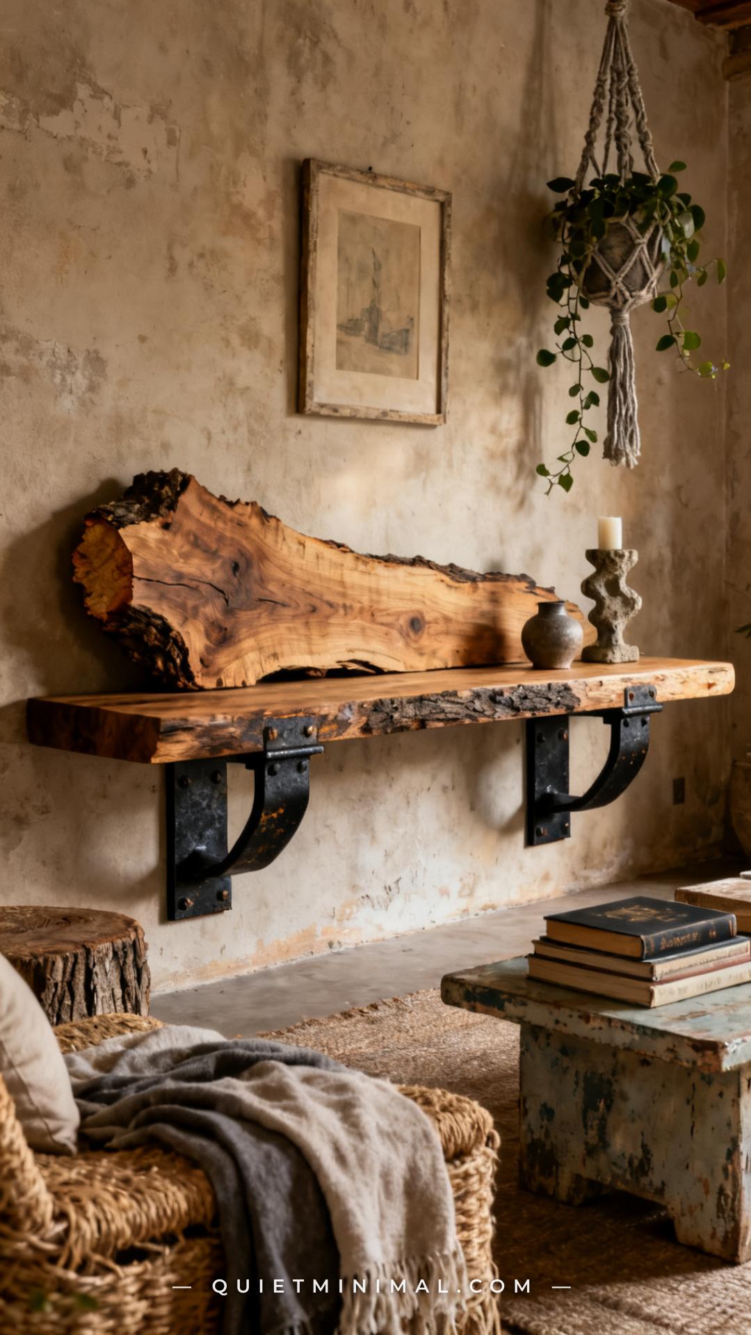 A wide-angle view of an aged cottage modern living room where a live-edge aged wood slab serves as the TV console surfac