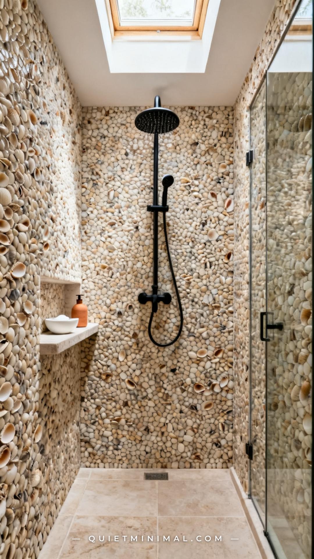 A wide-angle vertical photograph shows the entire interior of a walk-in shower stall with puka shell mosaic covering all