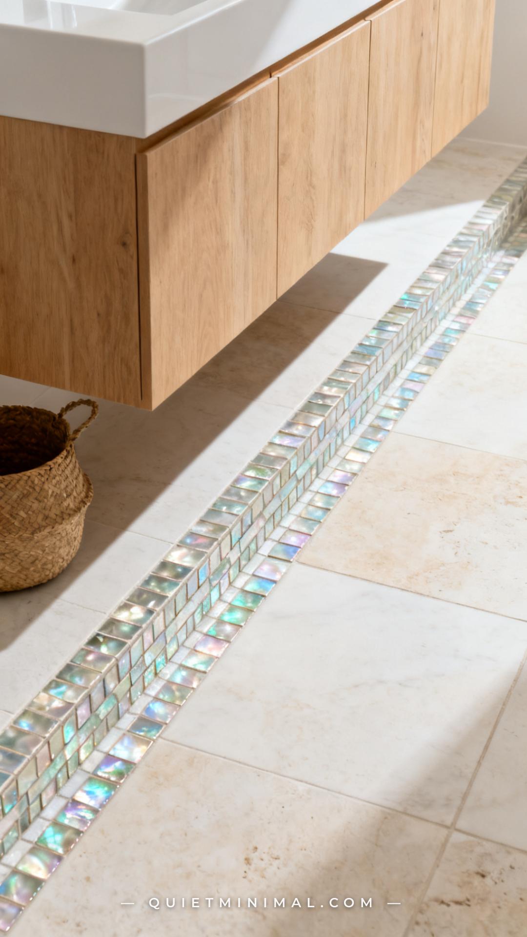 A wide vertical photograph shows the lower section of a floating bathroom vanity