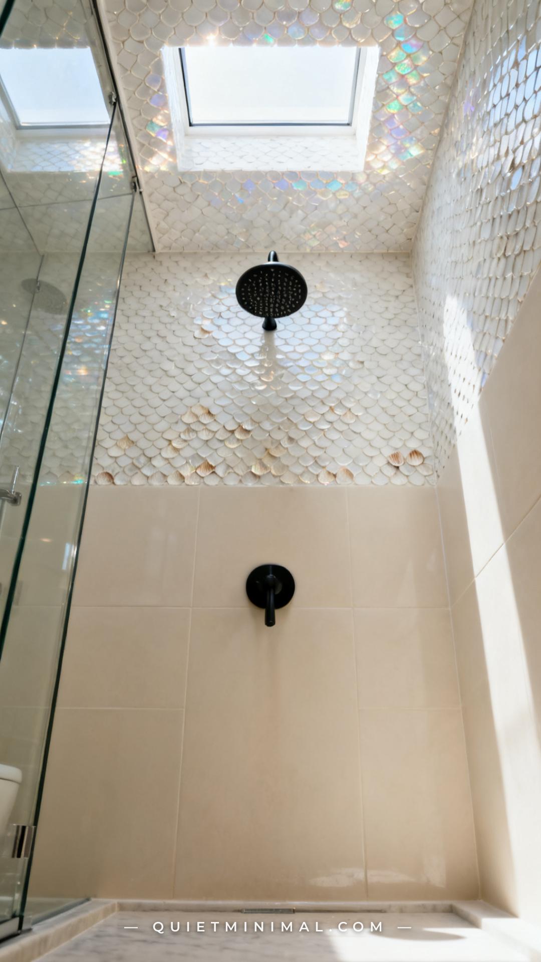 A vertical photograph looks upward inside a glass-enclosed shower