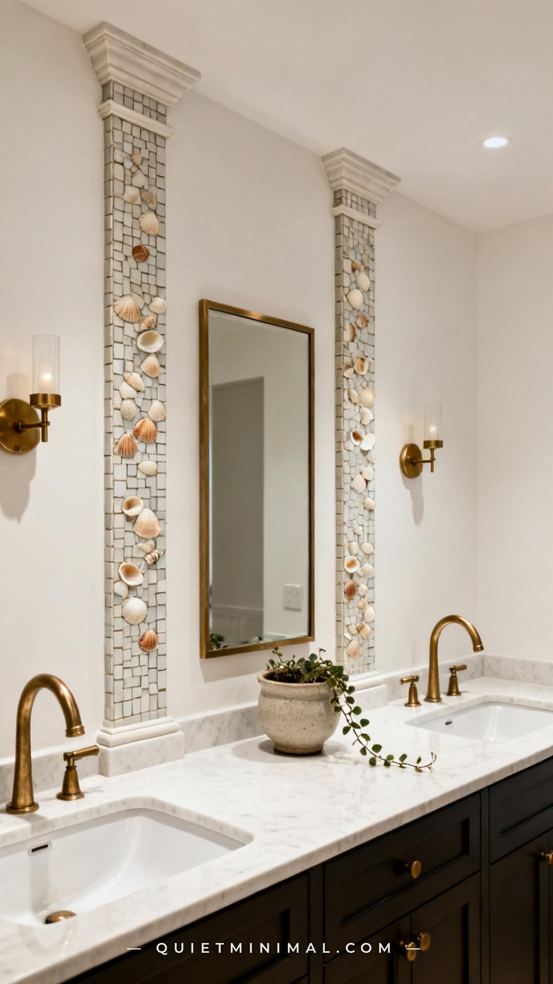 A vertical wide-angle photograph captures a full bathroom vanity wall with a double-sink setup