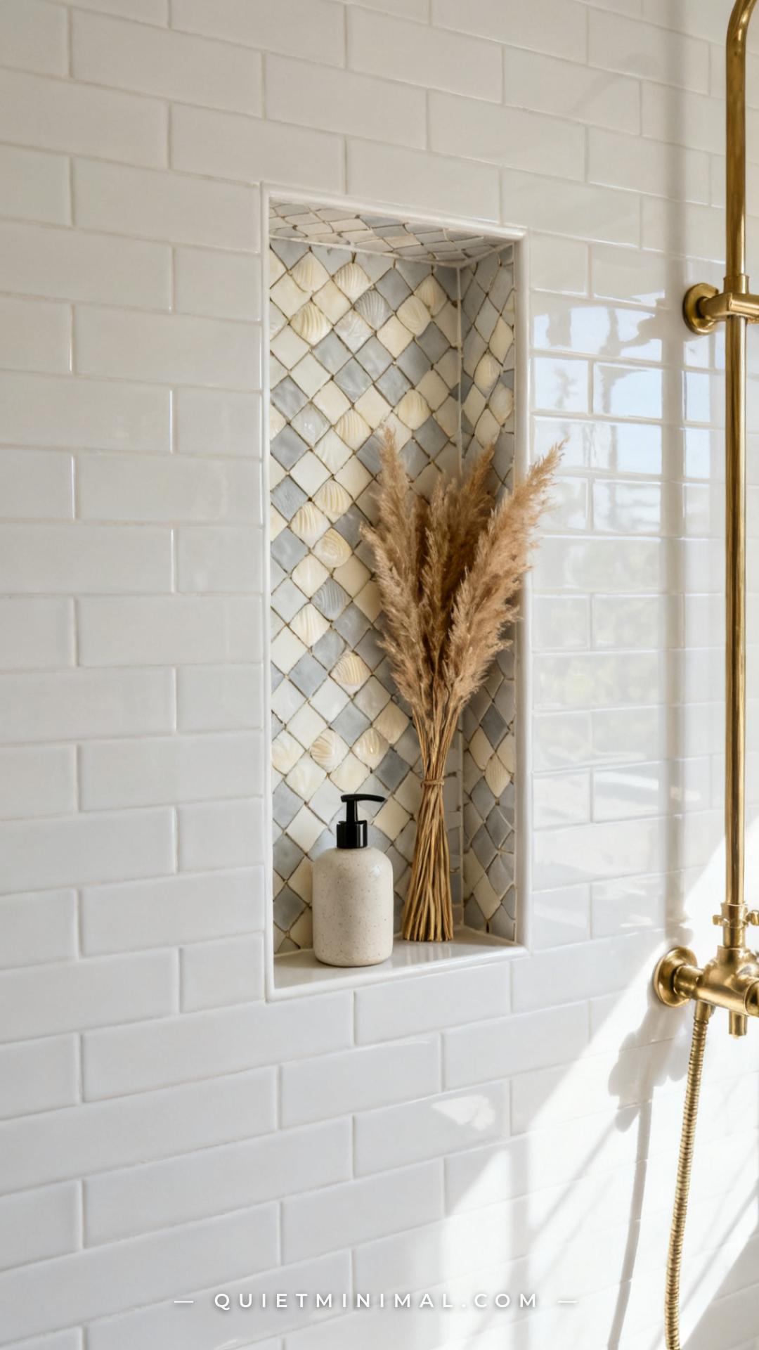A vertical medium-wide photograph focuses on a recessed rectangular shower niche set within a wall of large-format white