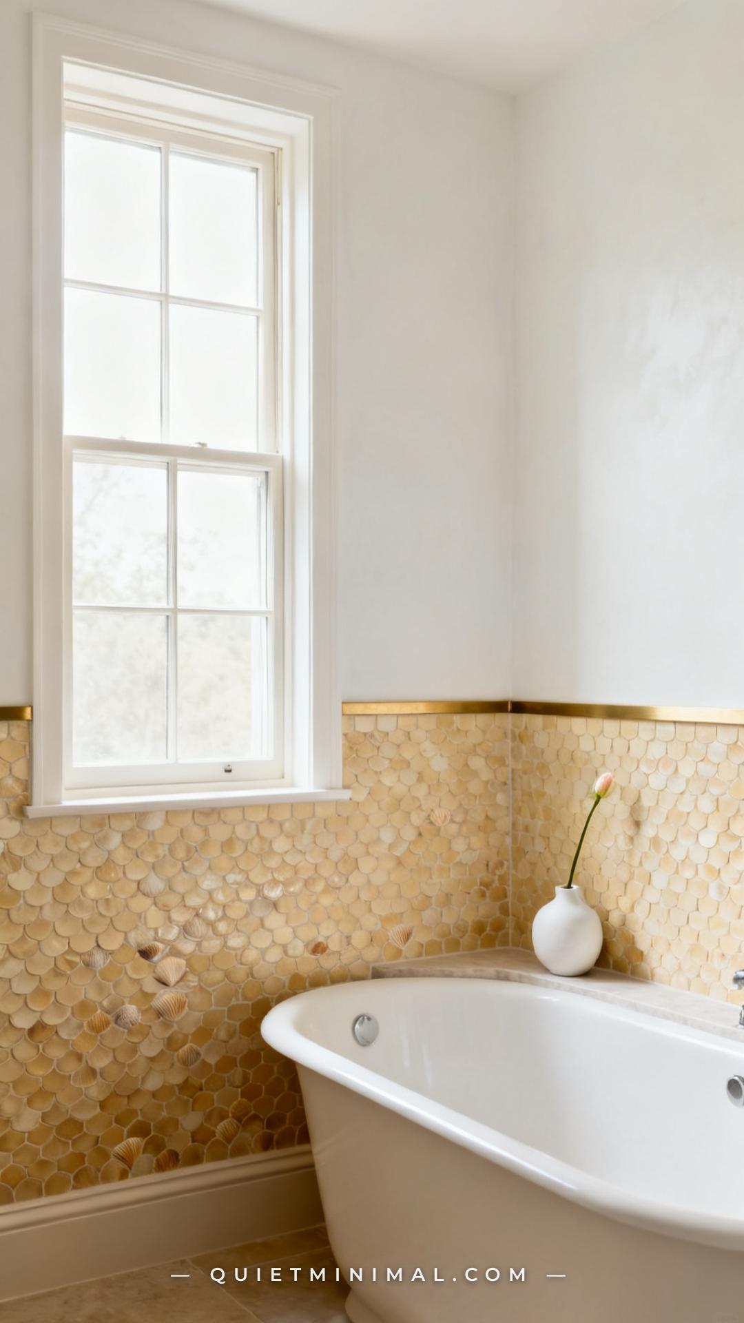 A wide vertical photograph shows the full length of a primary bathroom wall with a shell mosaic half-wall treatment