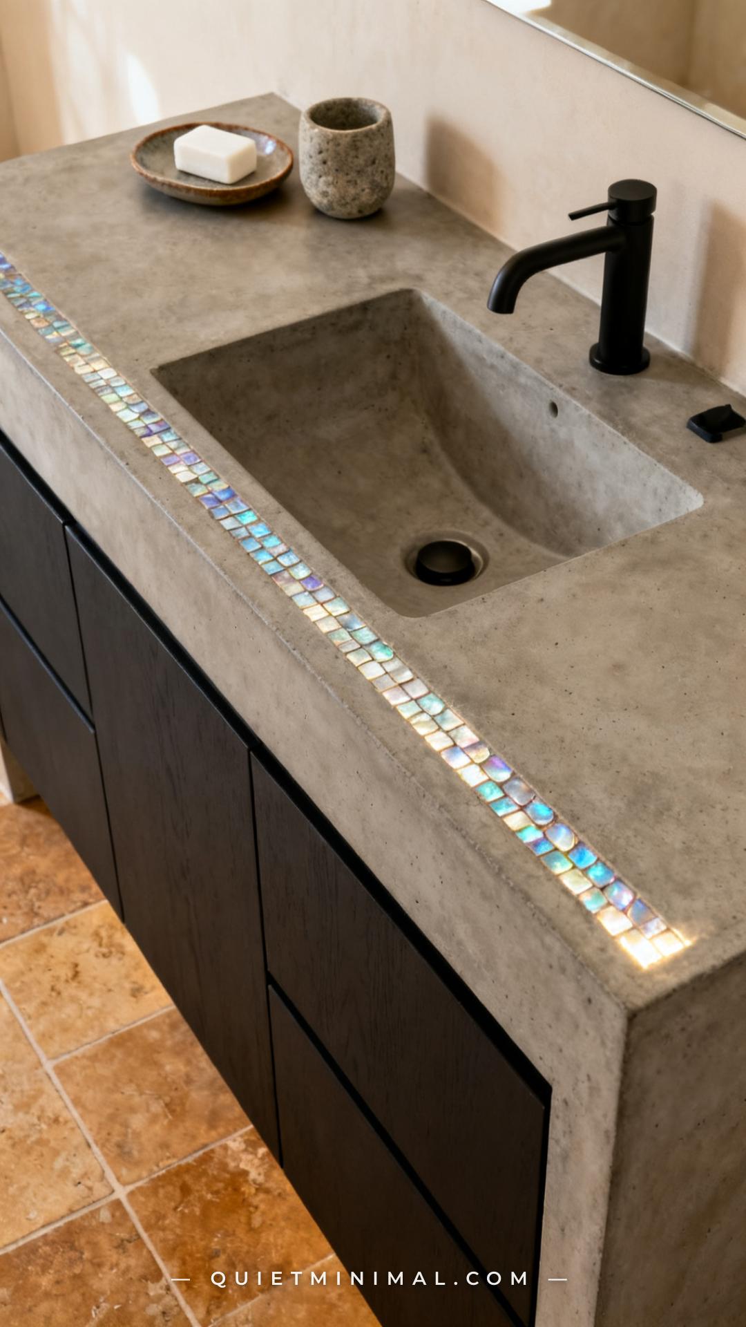 A vertical medium-wide photograph shows a custom concrete bathroom vanity countertop with an undermount sink