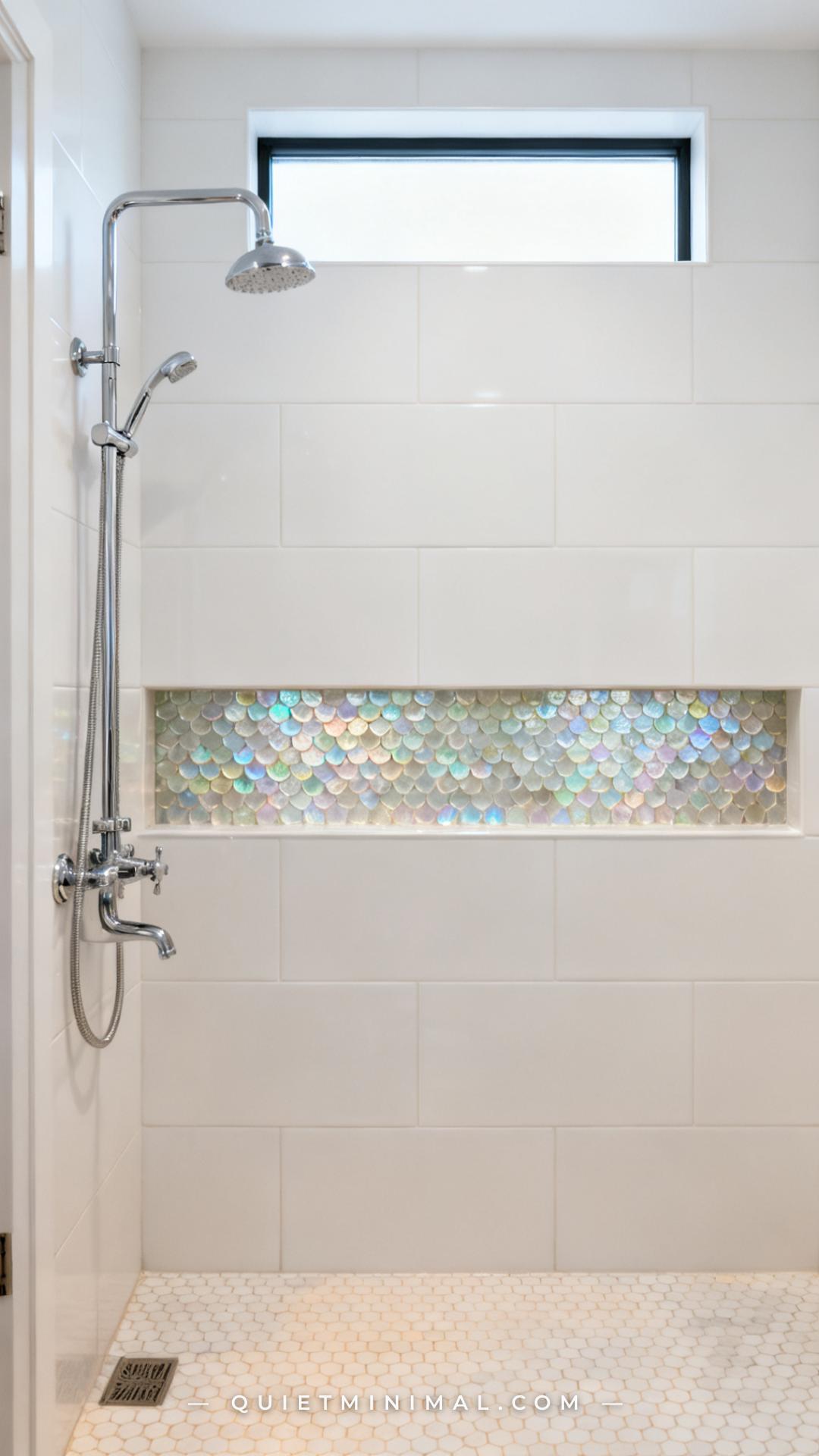 A vertical medium-wide photograph shows a bathroom shower niche area with a horizontal band of iridescent capiz shell ti