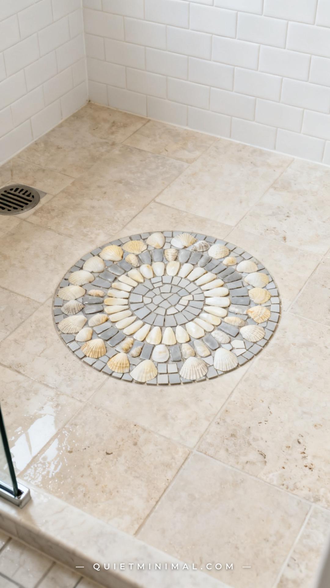 A wide establishing shot looks down at a shower floor where a circular shell mosaic medallion is centered within large-f
