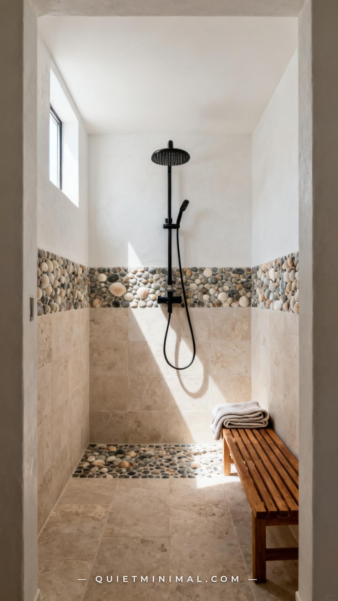 A vertical wide-angle photograph shows a full wet room interior from the doorway
