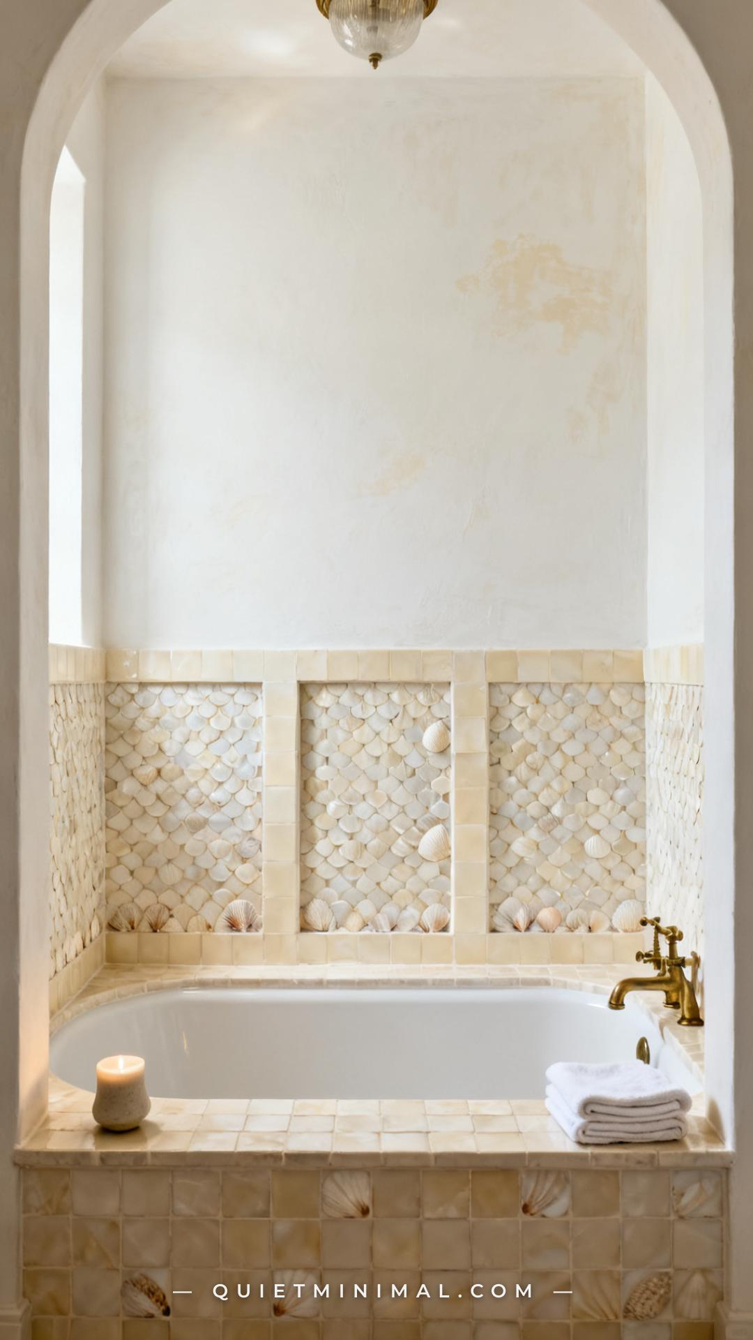 A wide vertical photograph captures an alcove bathtub fully framed by its surround