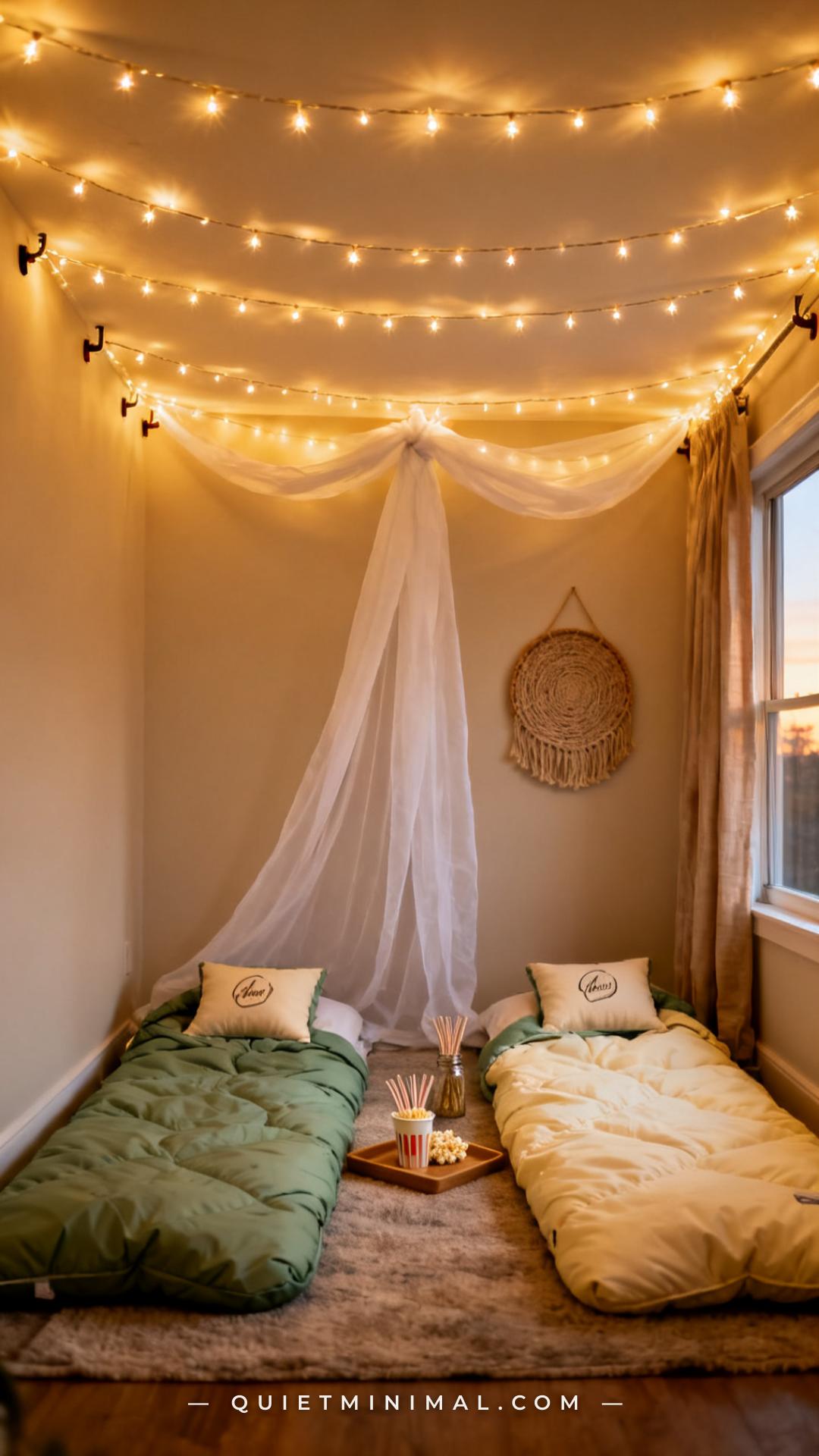 A vertical photograph captures a small bedroom ceiling draped with three parallel strands of warm white fairy string lig
