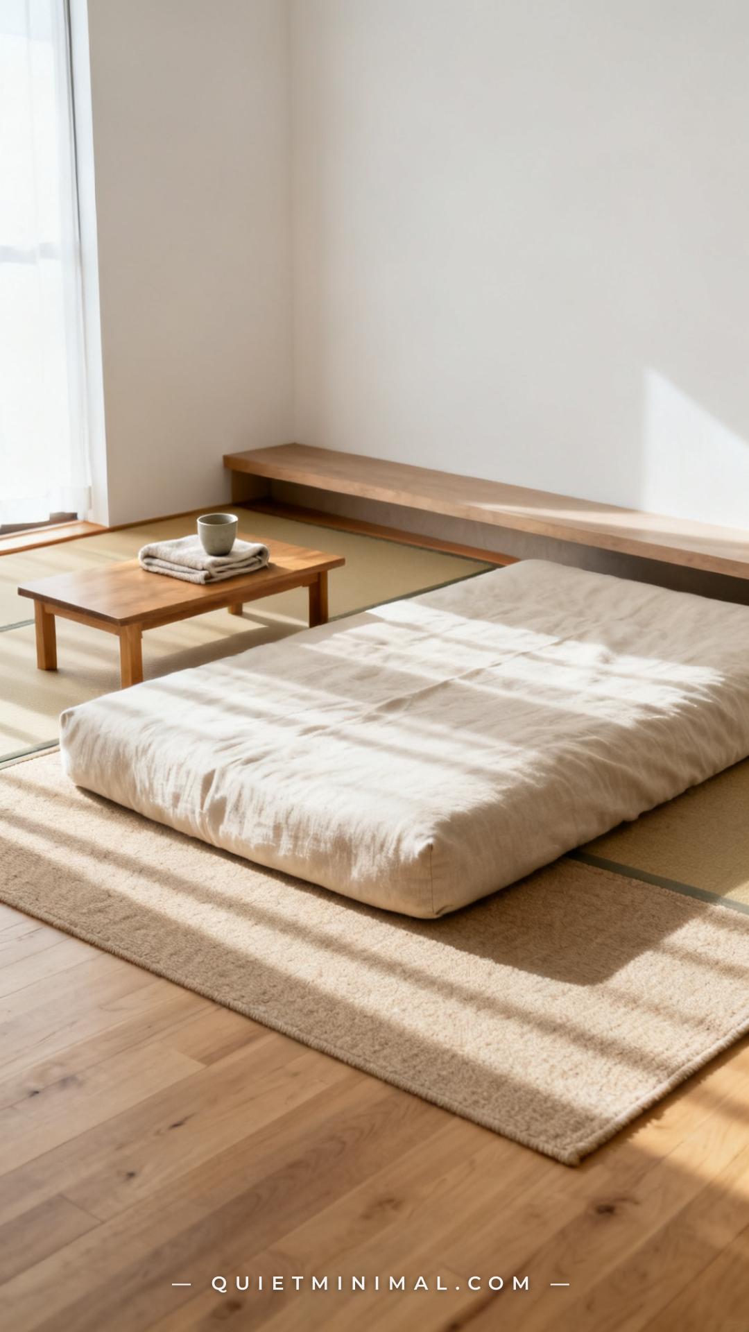 A wide-angle vertical photograph of a minimalist bedroom floor area featuring a traditional Japanese shikibuton floor ma