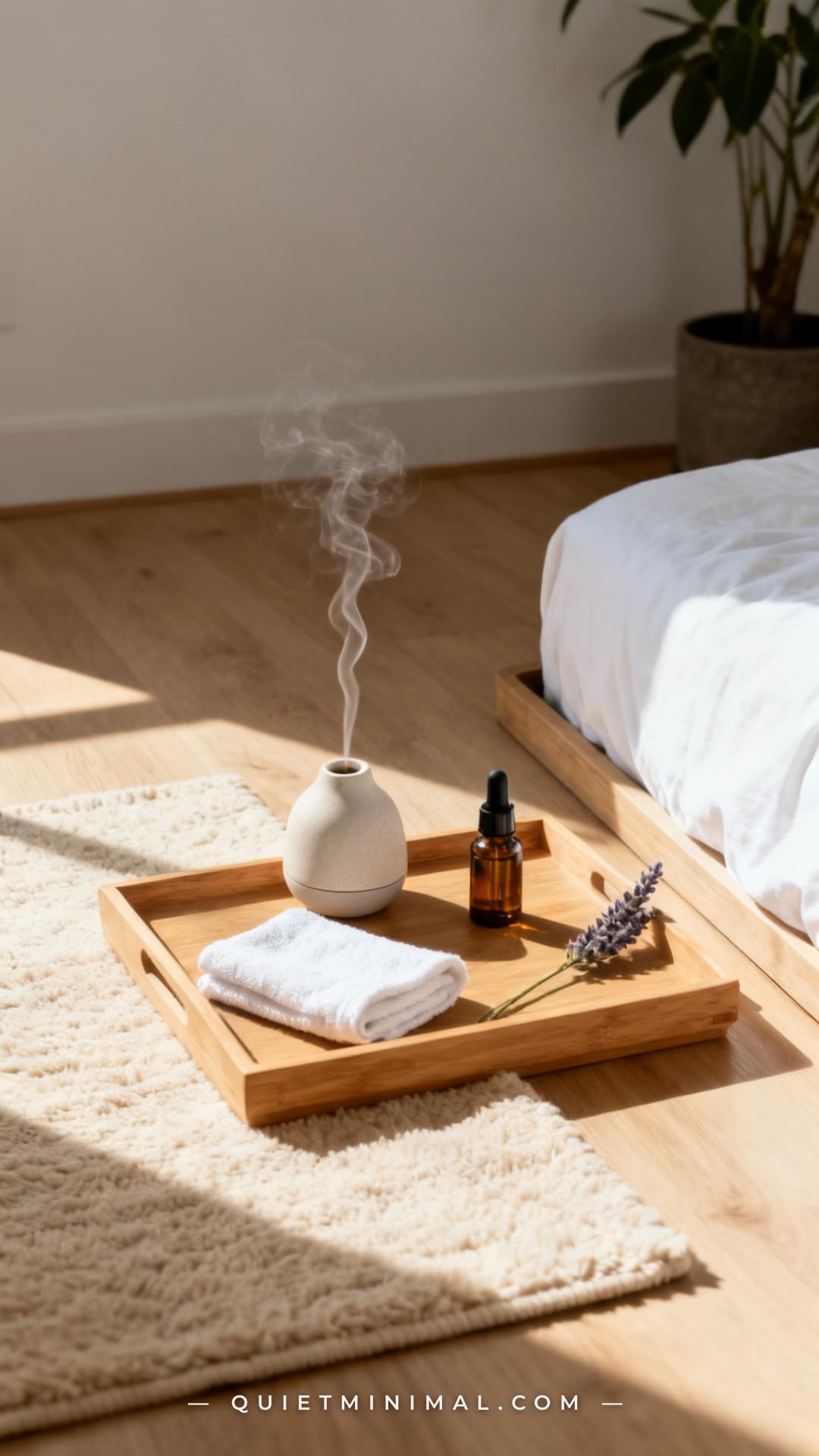 A vertical medium-wide photograph shows a low flat wooden tray styled as a sleepover wellness station