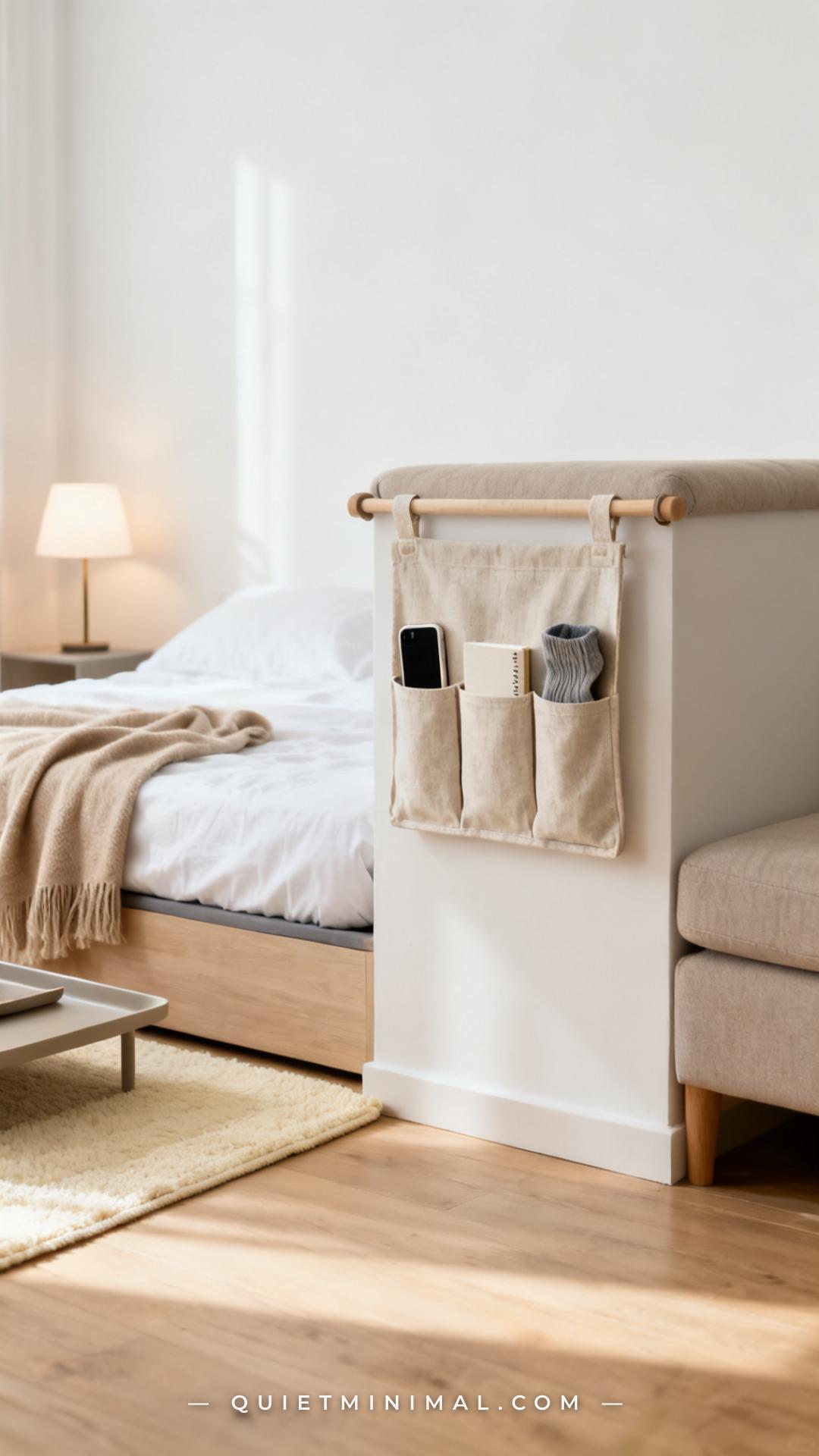 A vertical wide photograph of the side of a styled floor sleeping setup showing a linen bedside hanging caddy attached t