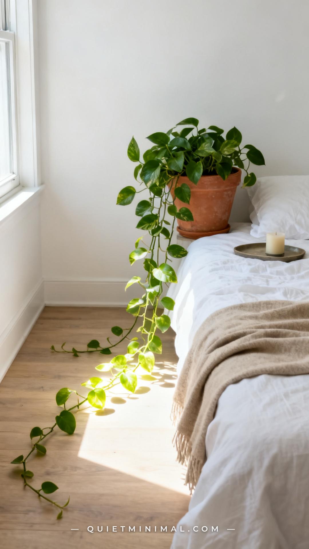 A wide vertical photograph of a cozy floor sleeping setup in a minimalist living room