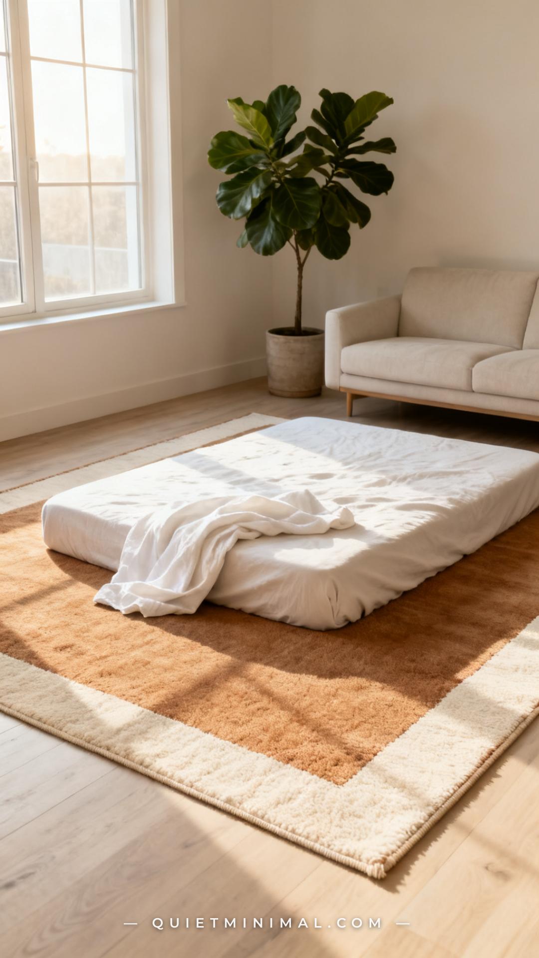 A vertical photograph shows a wide view of a minimalist living room floor area where a low-pile area rug in warm oatmeal