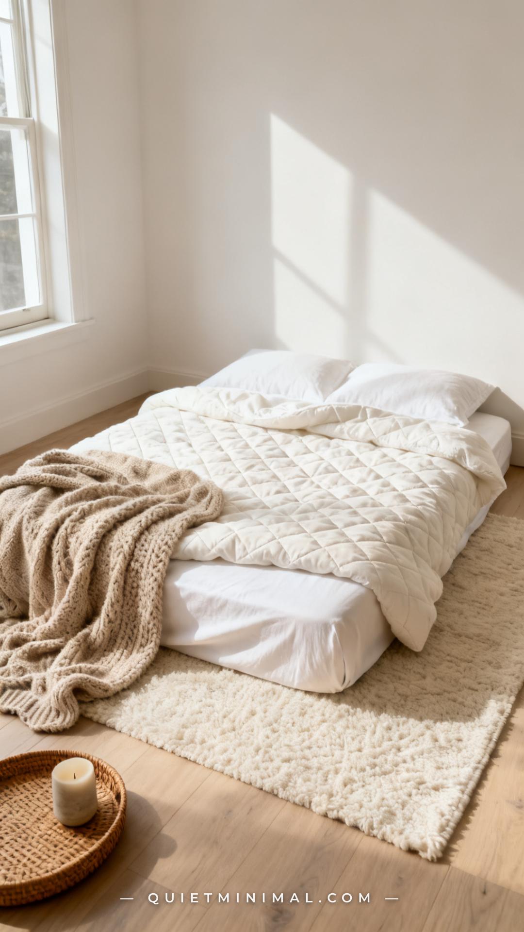A vertical photograph establishes a full-room view of a styled floor bed with a clearly visible three-layer bedding syst