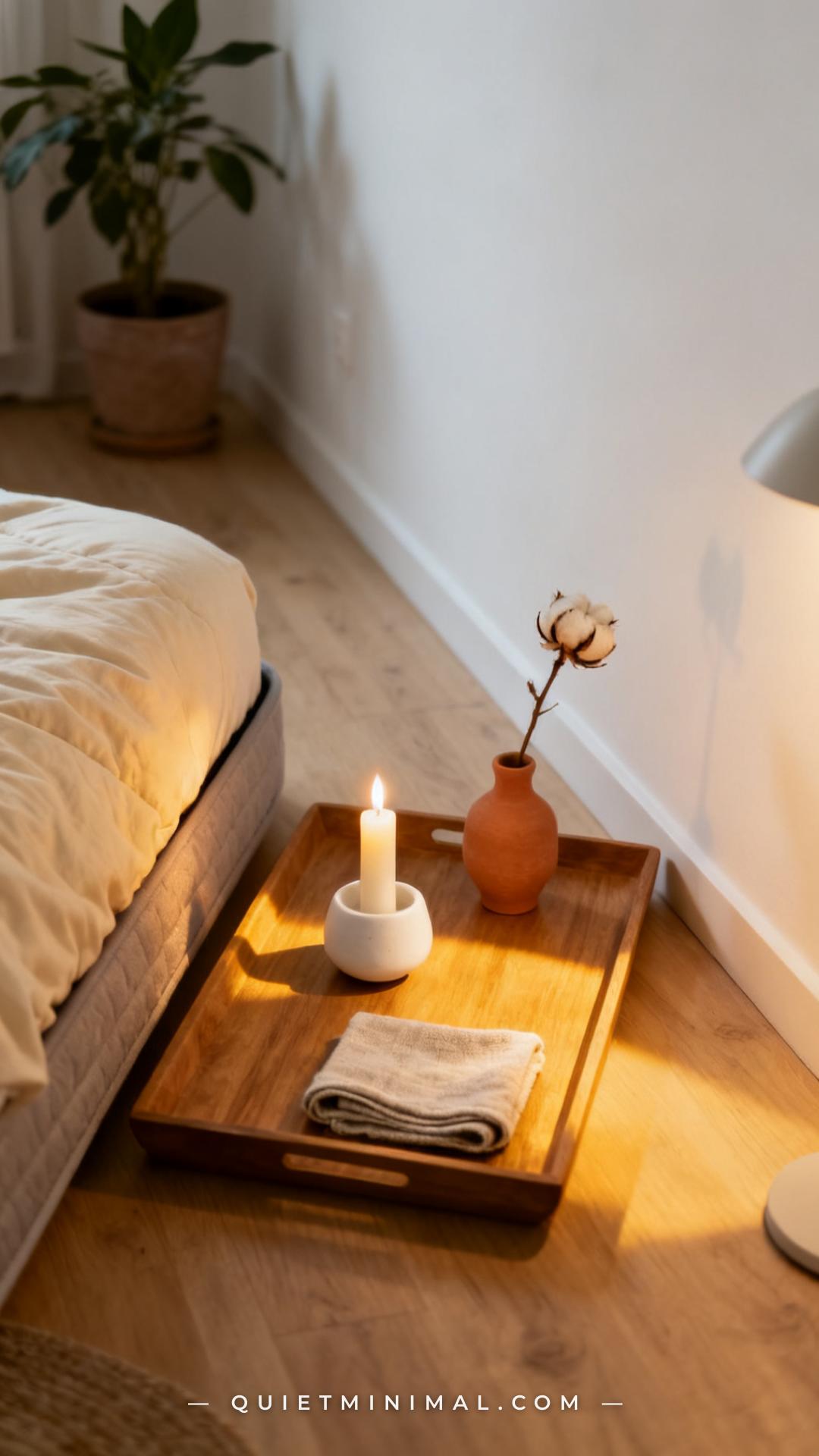 A vertical medium-wide photograph of a cozy floor setup detail showing a low rectangular wooden tray table positioned be