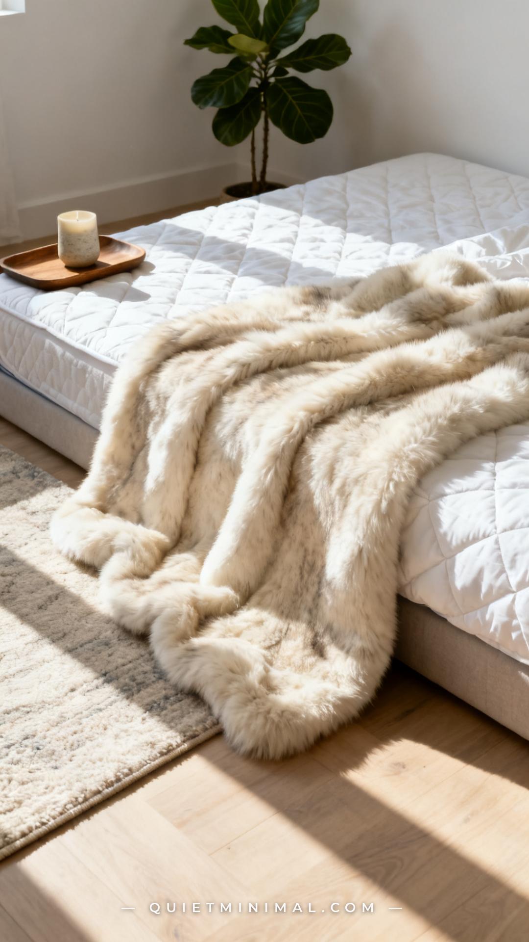 A vertical wide photograph of a floor sleeping setup detail focused on a faux fur throw draped naturally across the foot