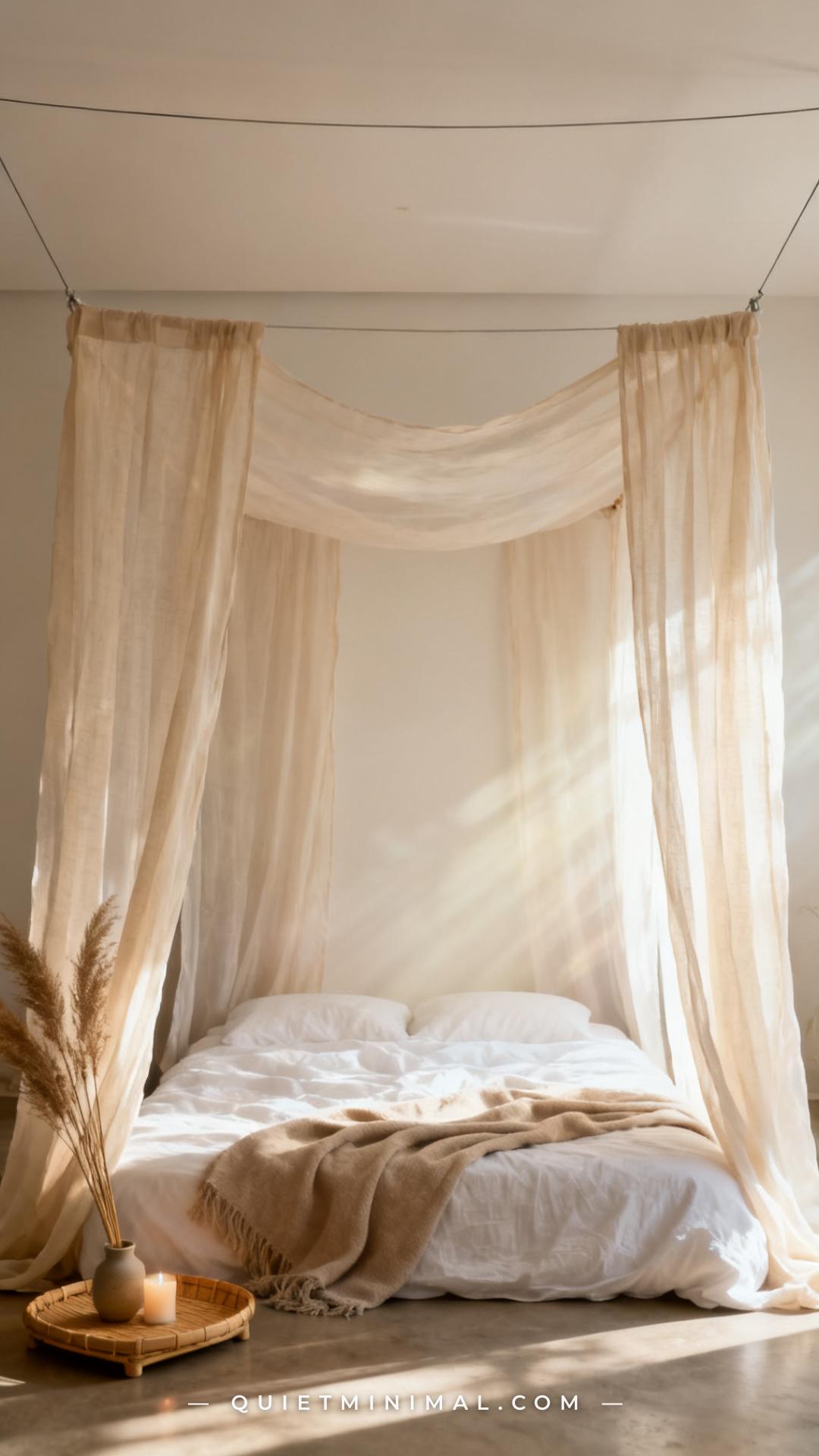 A wide vertical photograph establishes a dreamy floor sleeping nook framed by a light