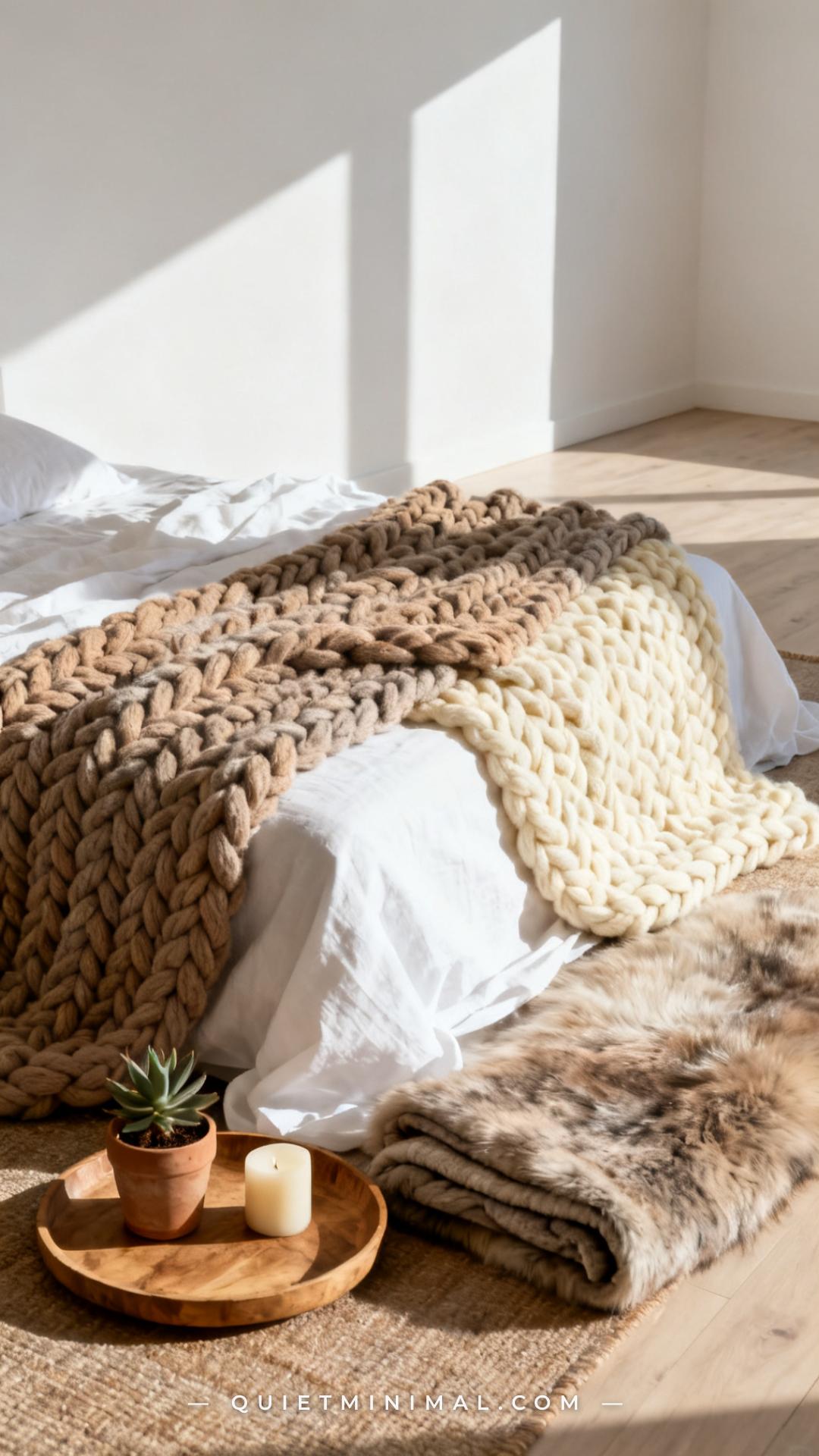 A wide vertical photograph of a styled floor bed where the featured element is a chunky hand-knit blanket in warm oatmea