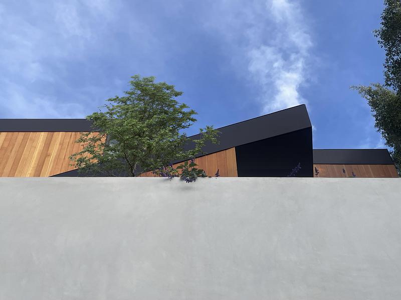 low-angle view over smooth grey concrete retaining wall toward cedar-clad house with angled black shed roof and single t