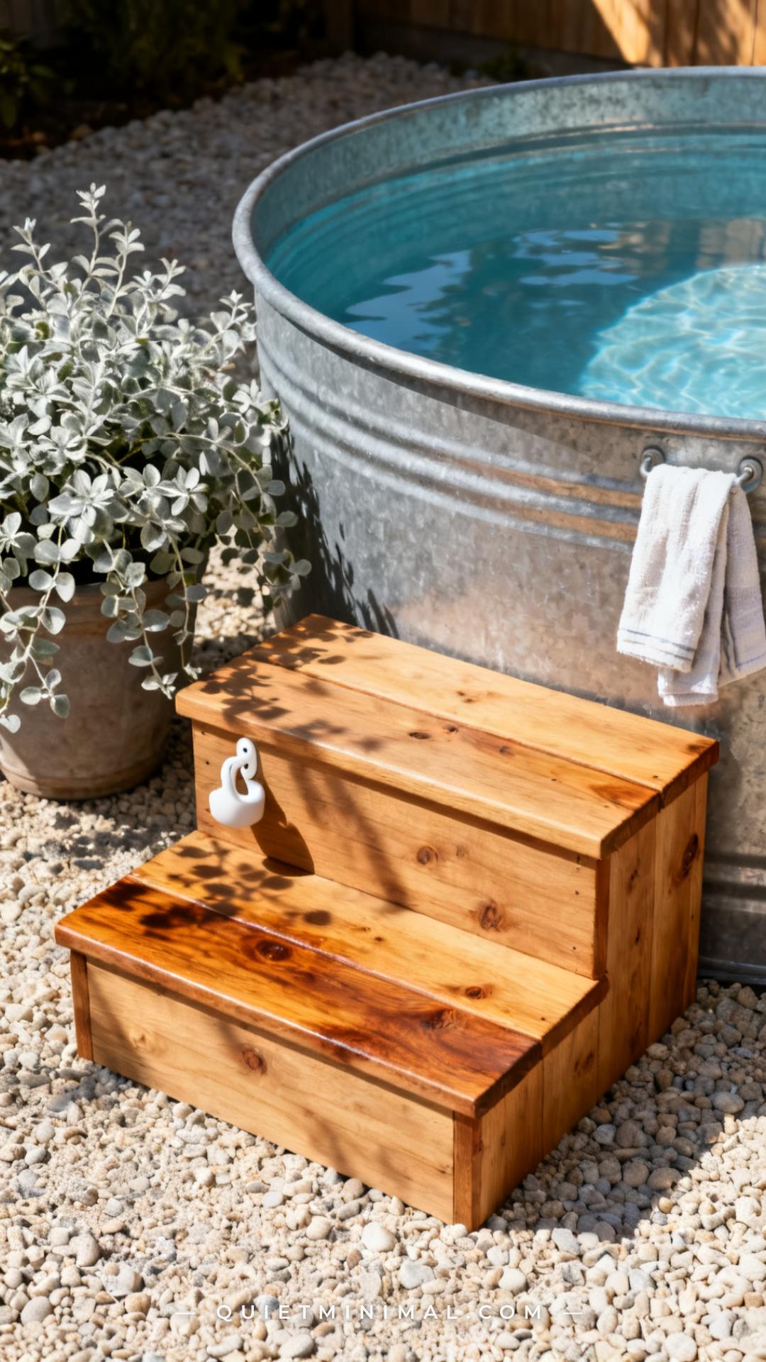 A vertical photograph shows a medium-wide view of a simple two-step wooden platform beside a round galvanized stock tank