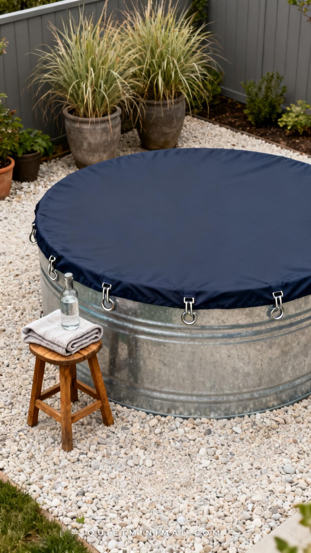 A vertical photograph establishes a full top-down view of a round galvanized stock tank on a pale gravel bed