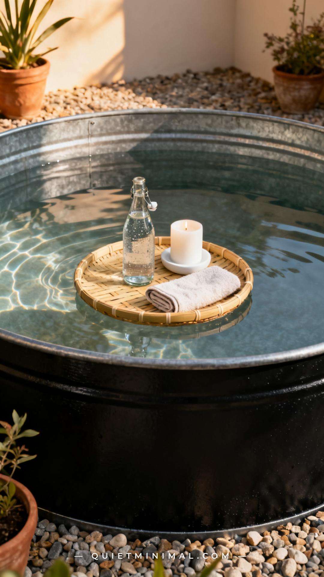A vertical photograph shows a medium-wide view of a round galvanized stock tank filled with clear water
