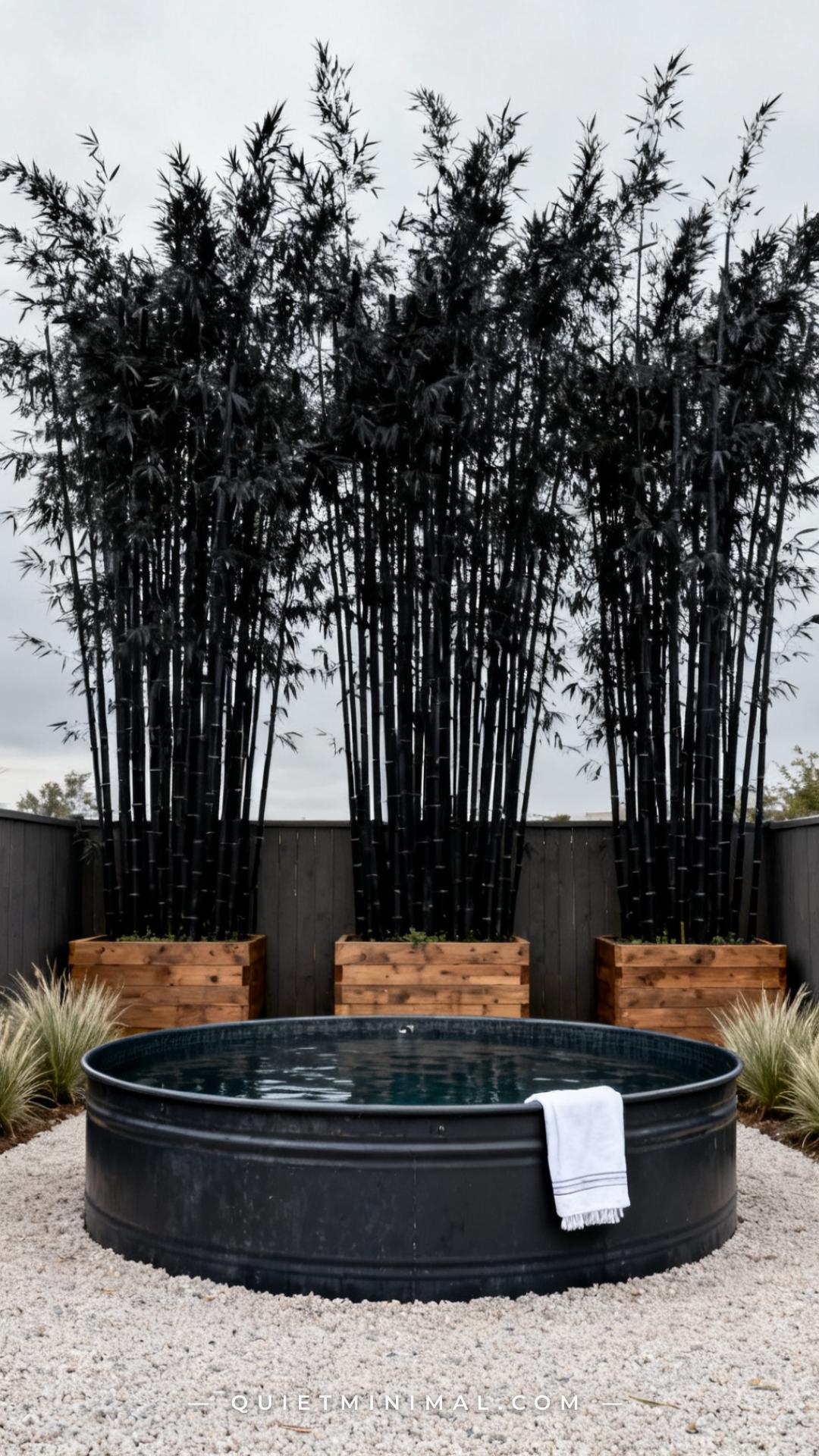 A vertical photograph captures a full backyard view of a round galvanized stock tank pool on pale crushed gravel