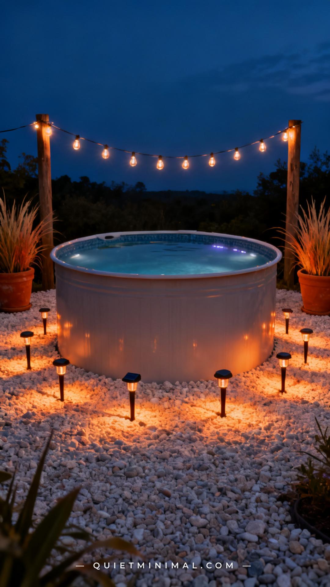 A vertical photograph shows a full evening view of a stock tank pool on pale gravel