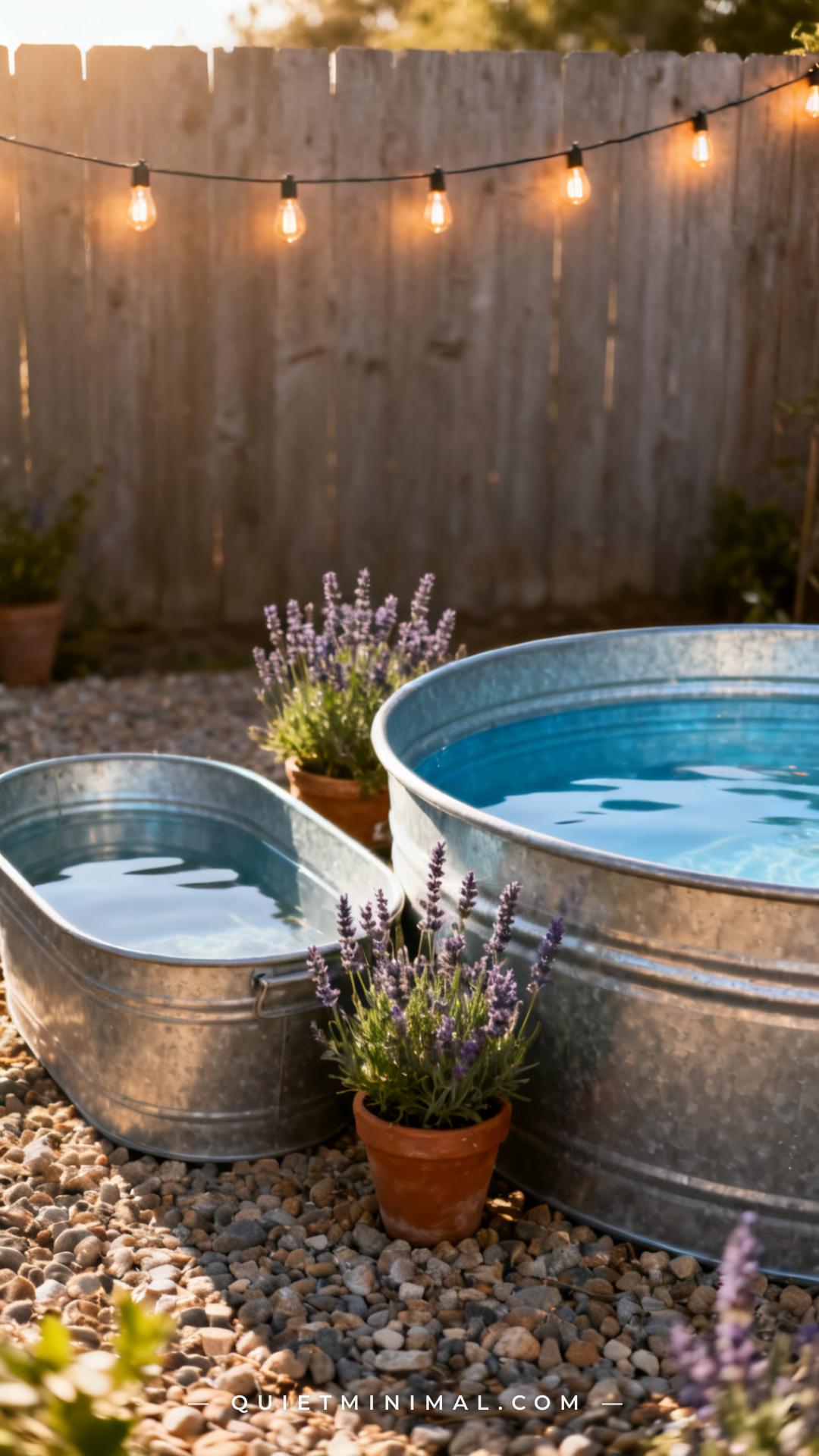 A vertical photograph captures a full backyard view comparing two sizes of galvanized stock tanks placed side by side on