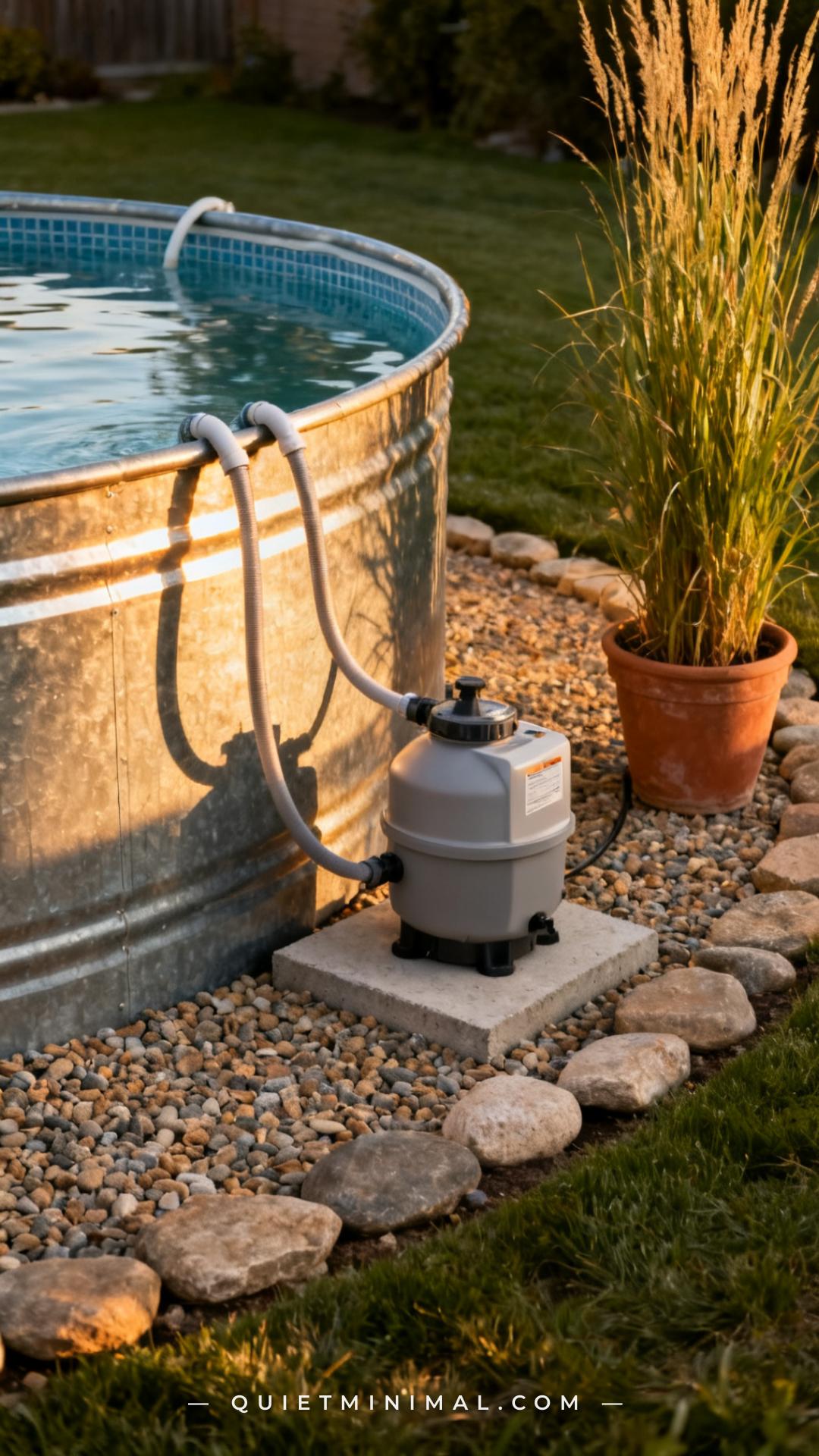 A wide vertical photograph shows a side view of a round galvanized stock tank pool set on a gravel bed