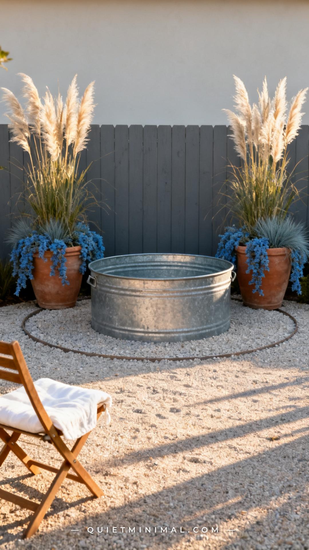 A vertical photograph establishes a full view of a round galvanized stock tank set on a pale gravel circle