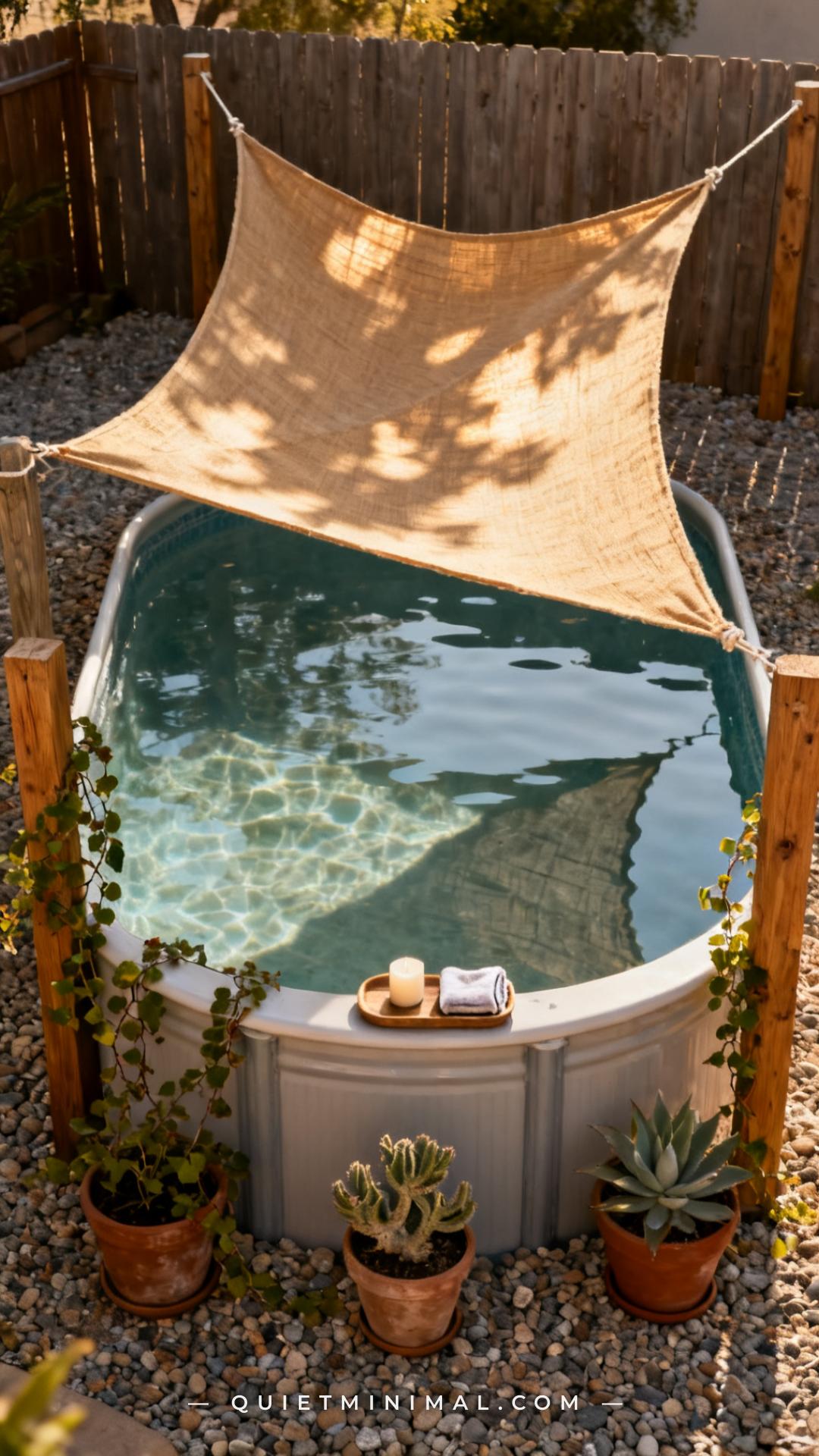 A vertical photograph shows a wide view of a backyard stock tank pool scene from a slightly elevated angle