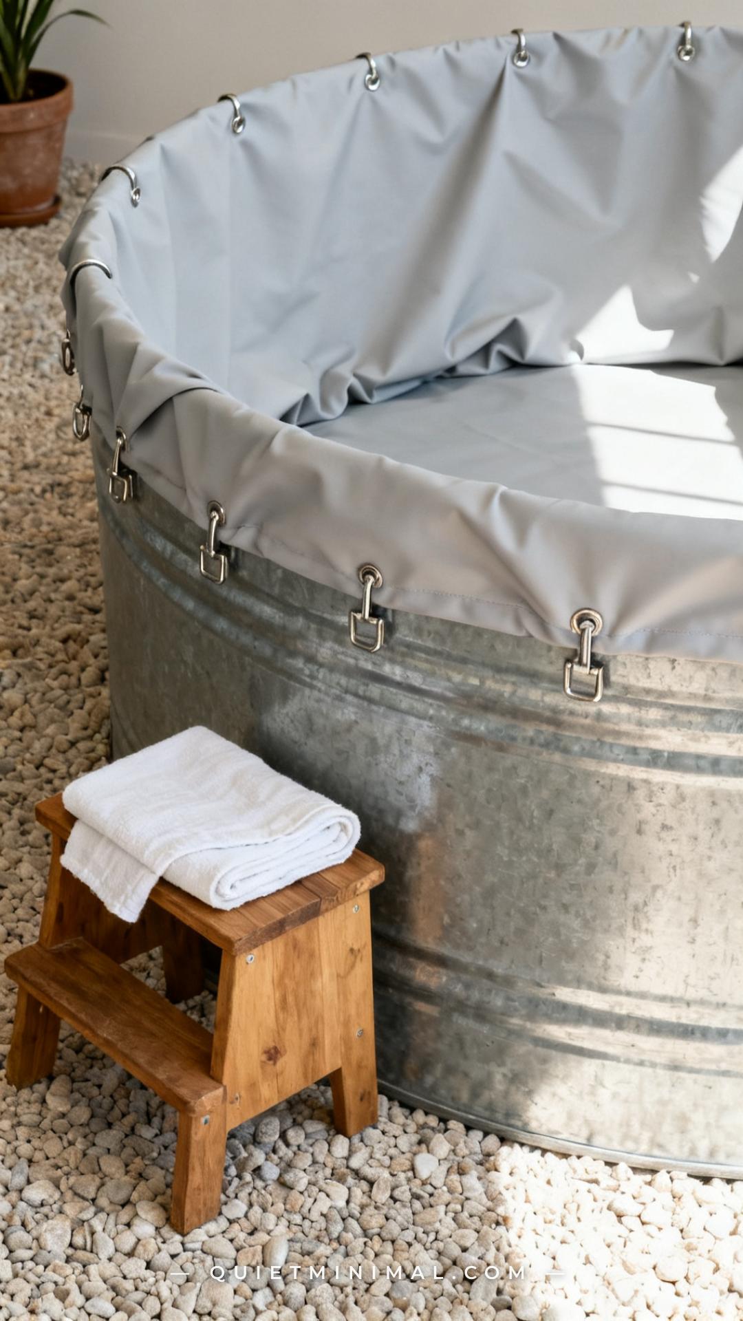 A vertical photograph shows a medium-wide interior view of a round galvanized stock tank sitting on gravel