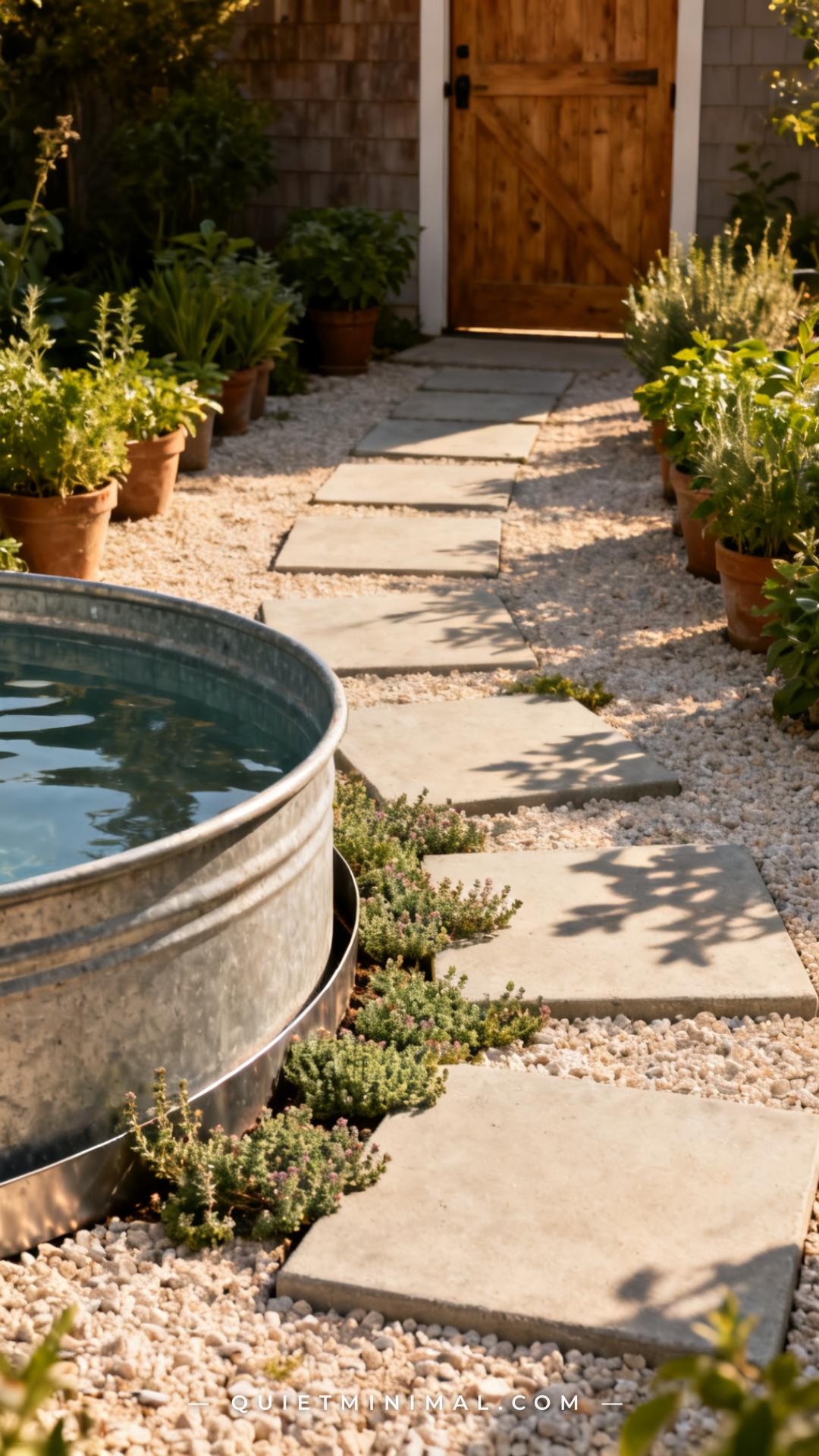 A vertical photograph establishes a full garden path view — a simple stepping-stone path made of large flat square concr