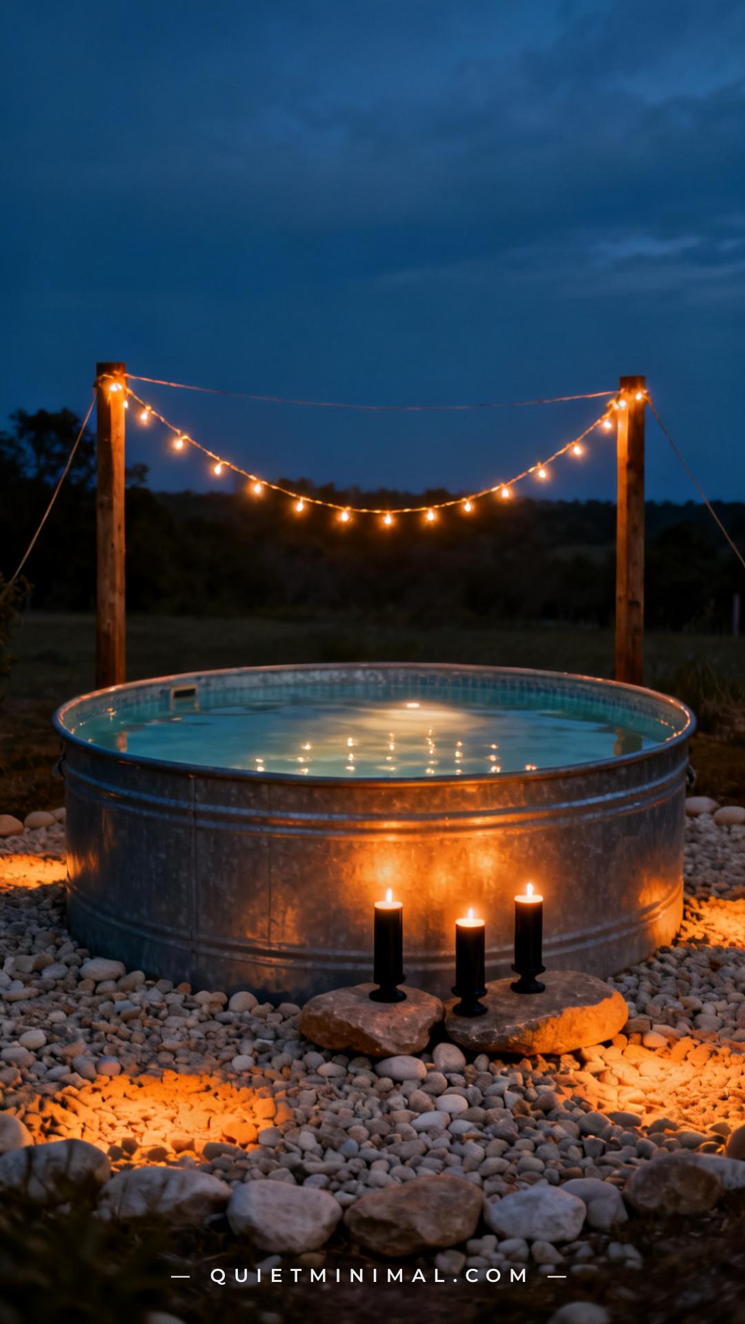 A vertical photograph captures a full backyard evening scene — a round galvanized stock tank pool glowing softly from be