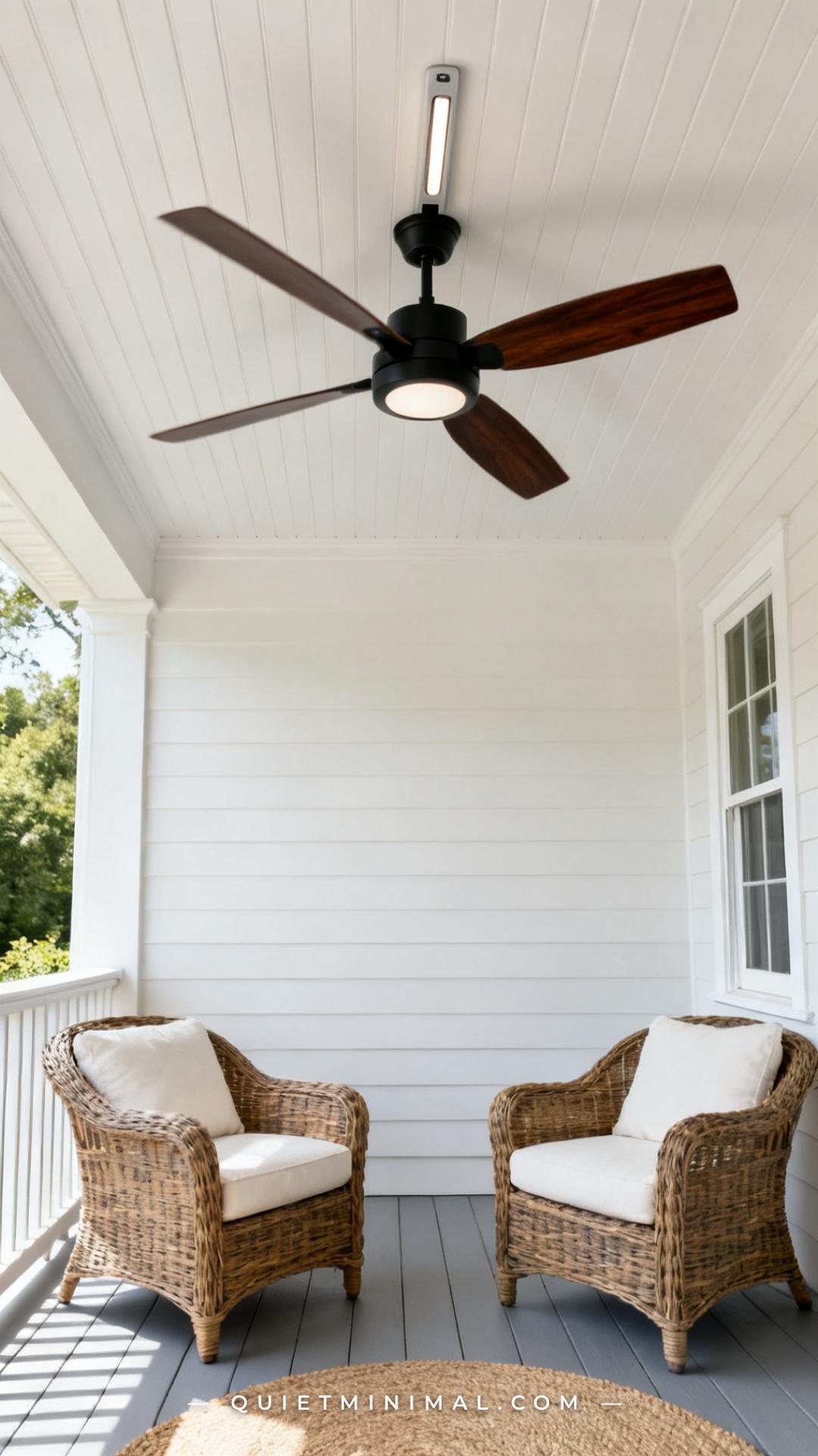 A medium-wide vertical shot of a covered front porch ceiling viewed from the seating area looking up and outward