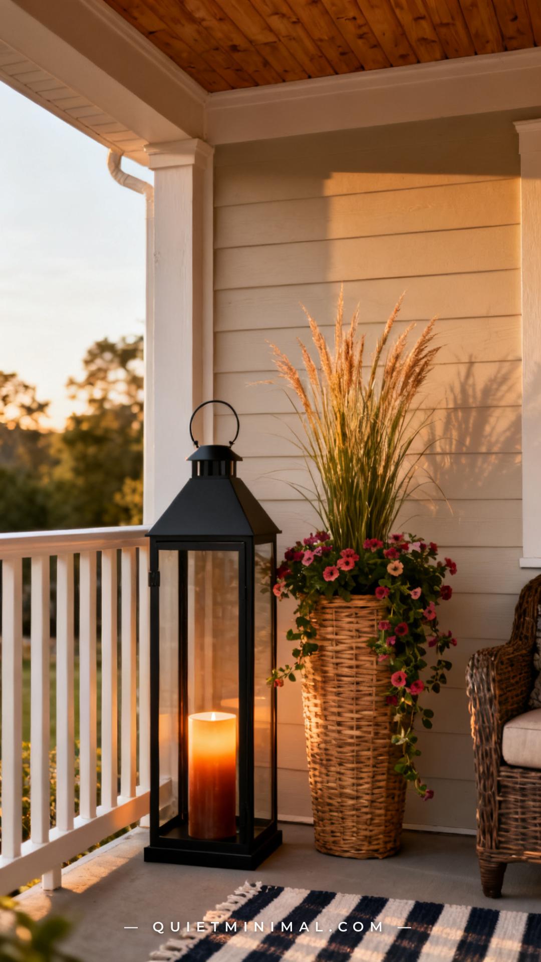 A wide vertical photograph shows the corner of a summer front porch where a large floor lantern in matte black powder-co