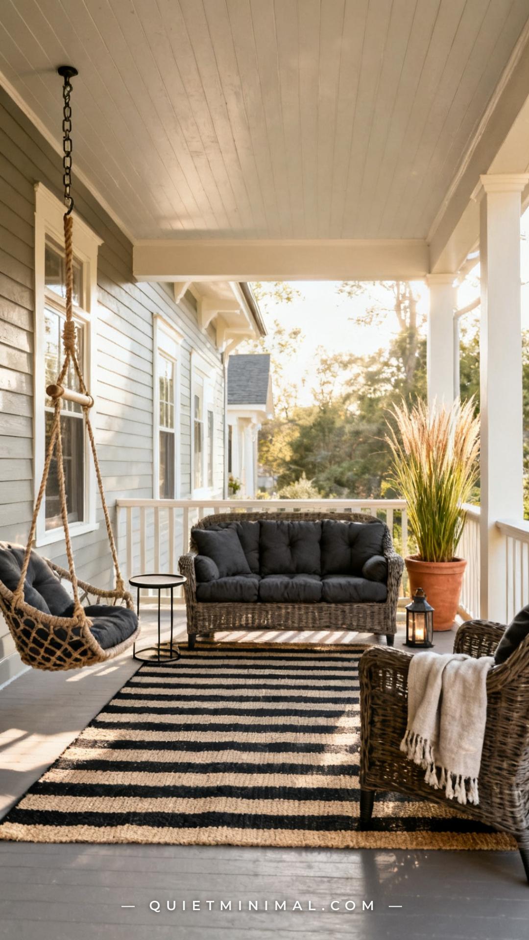 A wide vertical photograph of a front porch seating arrangement on a craftsman-style home showing three distinct seating