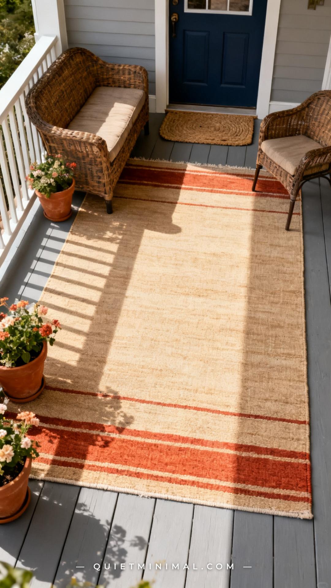 A vertical establishing shot of a covered front porch floor looking down from a medium-wide angle