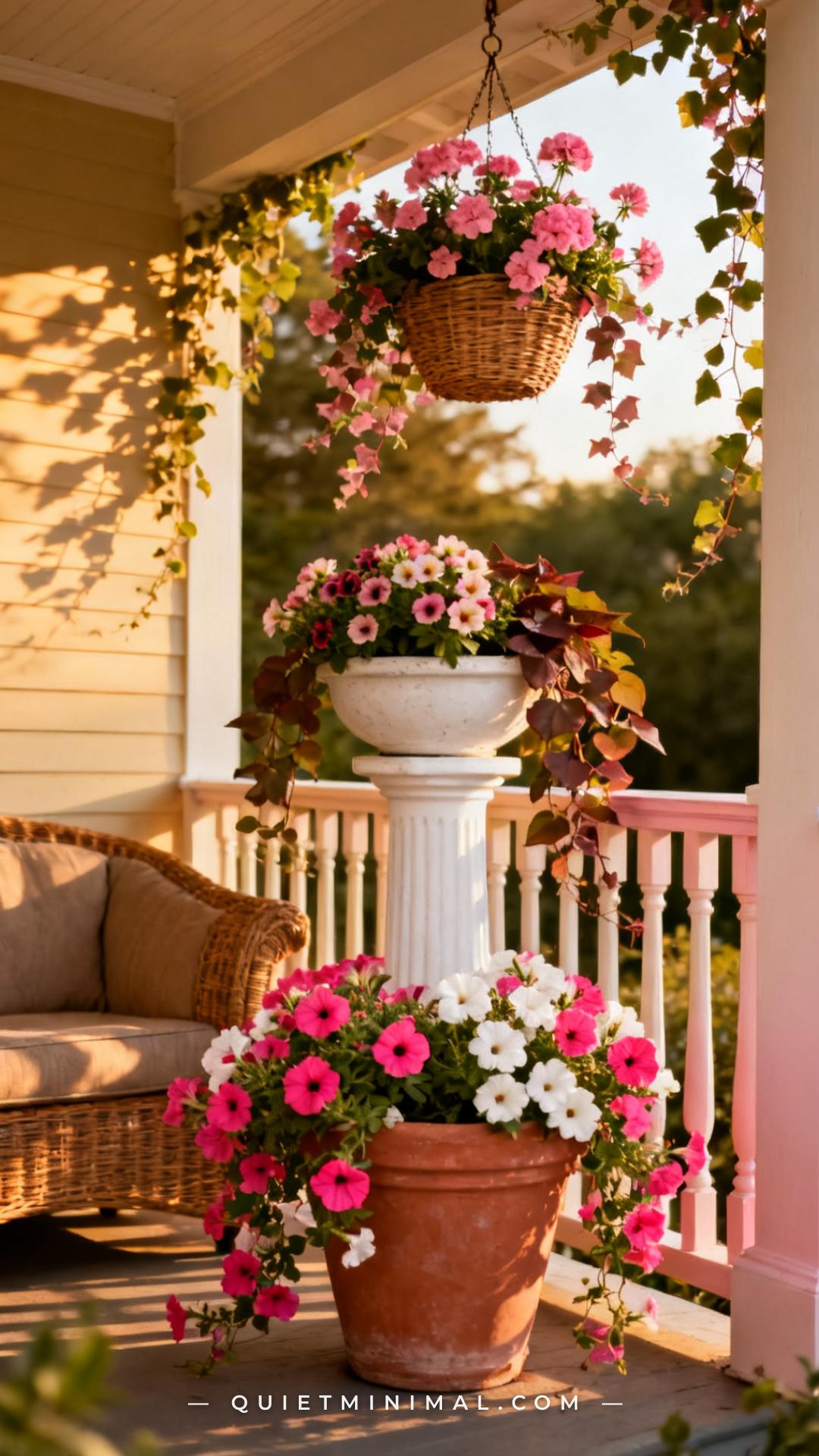 A wide vertical photograph shows the corner section of a summer front porch with a deliberate three-tier flowering plant