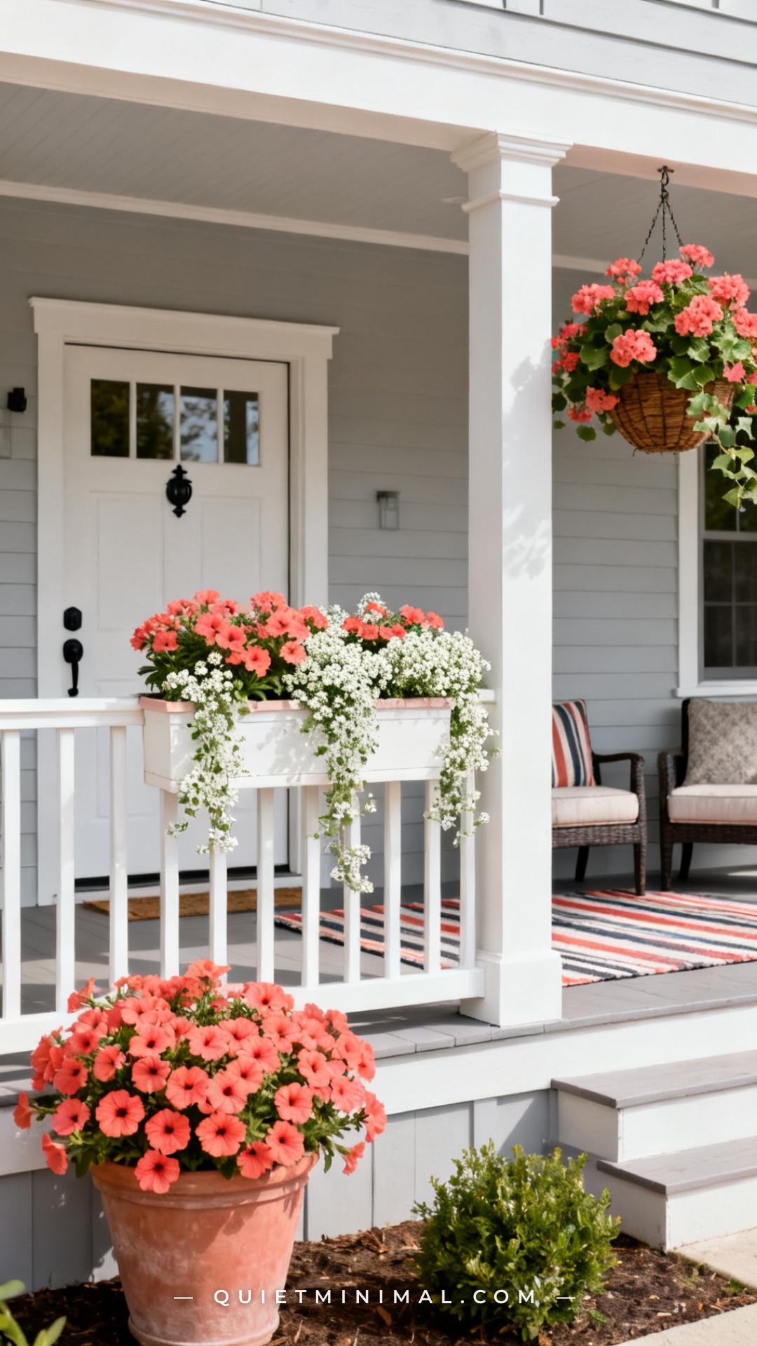 A wide vertical shot of a summer front porch showing the railing and facade of a pale grey craftsman home