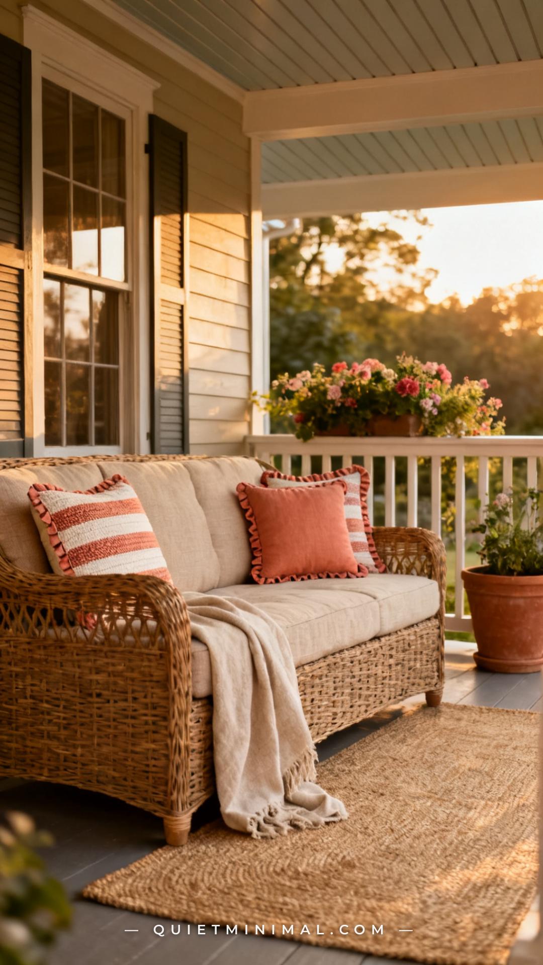 A medium-wide vertical photograph of a front porch loveseat styled with layered outdoor throw pillows in a warm summer p