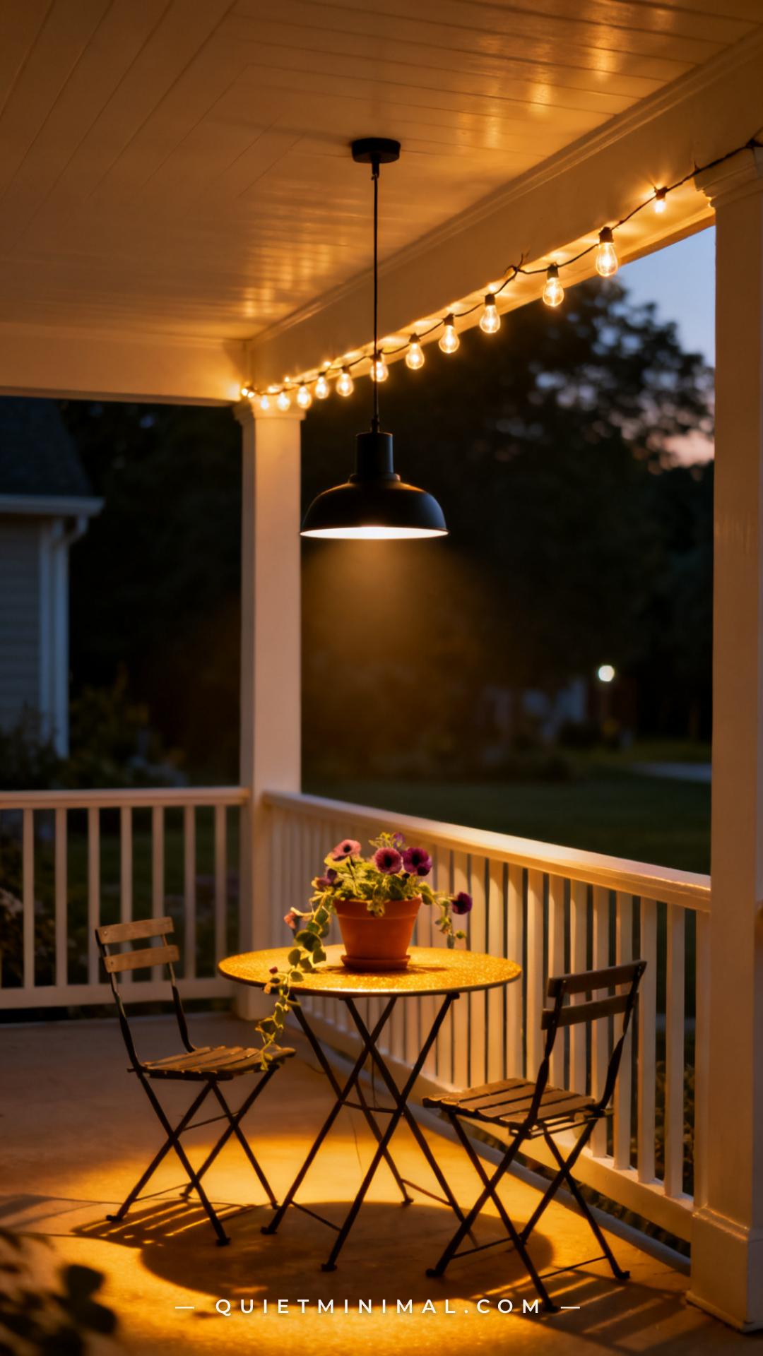 A wide vertical photograph of a covered front porch at dusk