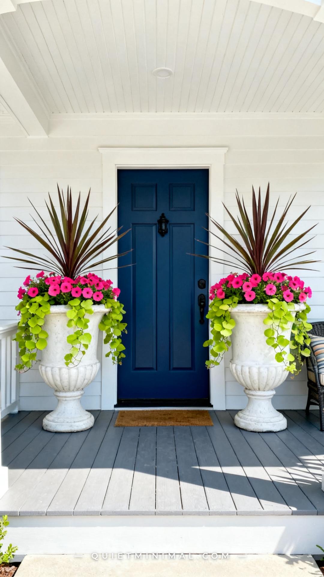 A wide vertical photograph of a front door entrance on a craftsman-style home