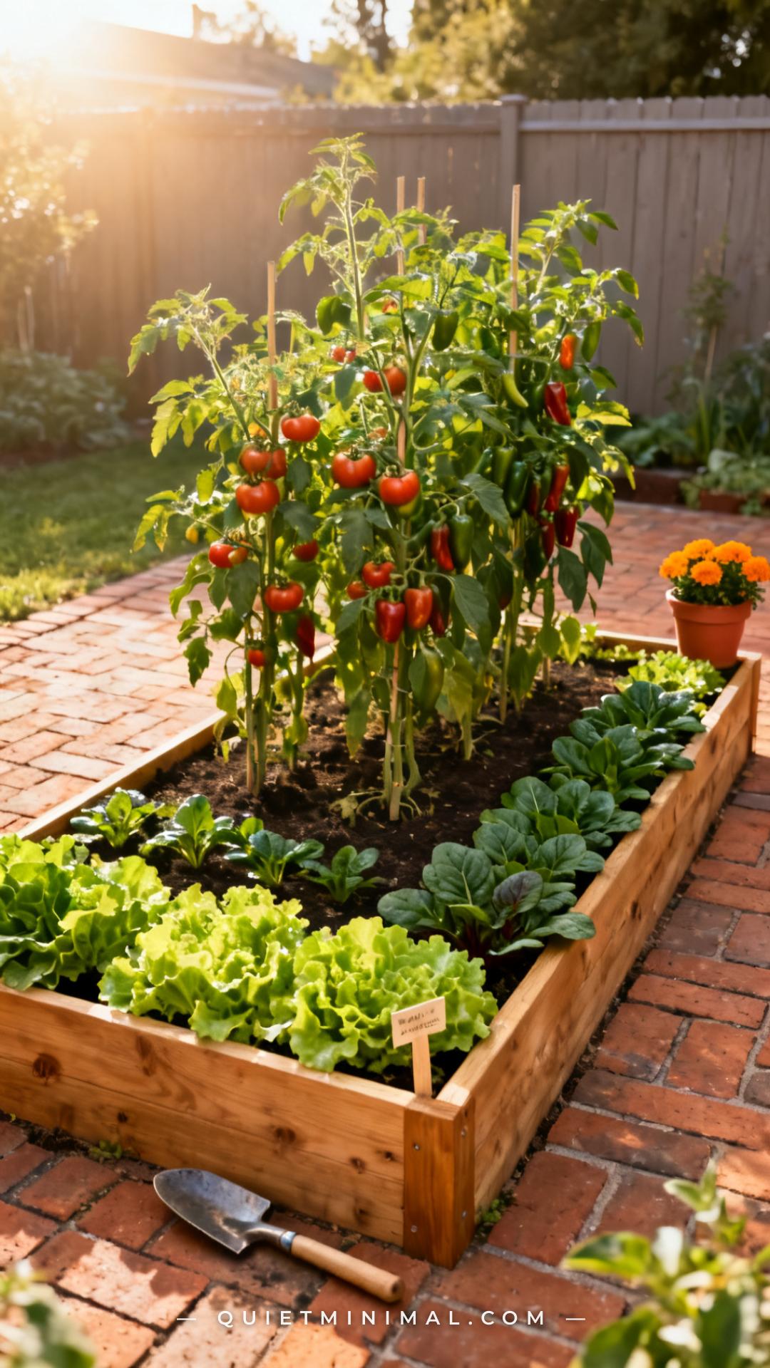 A vertical photograph captures a wide view of a raised cedar garden bed showing tall tomato and pepper plants occupying